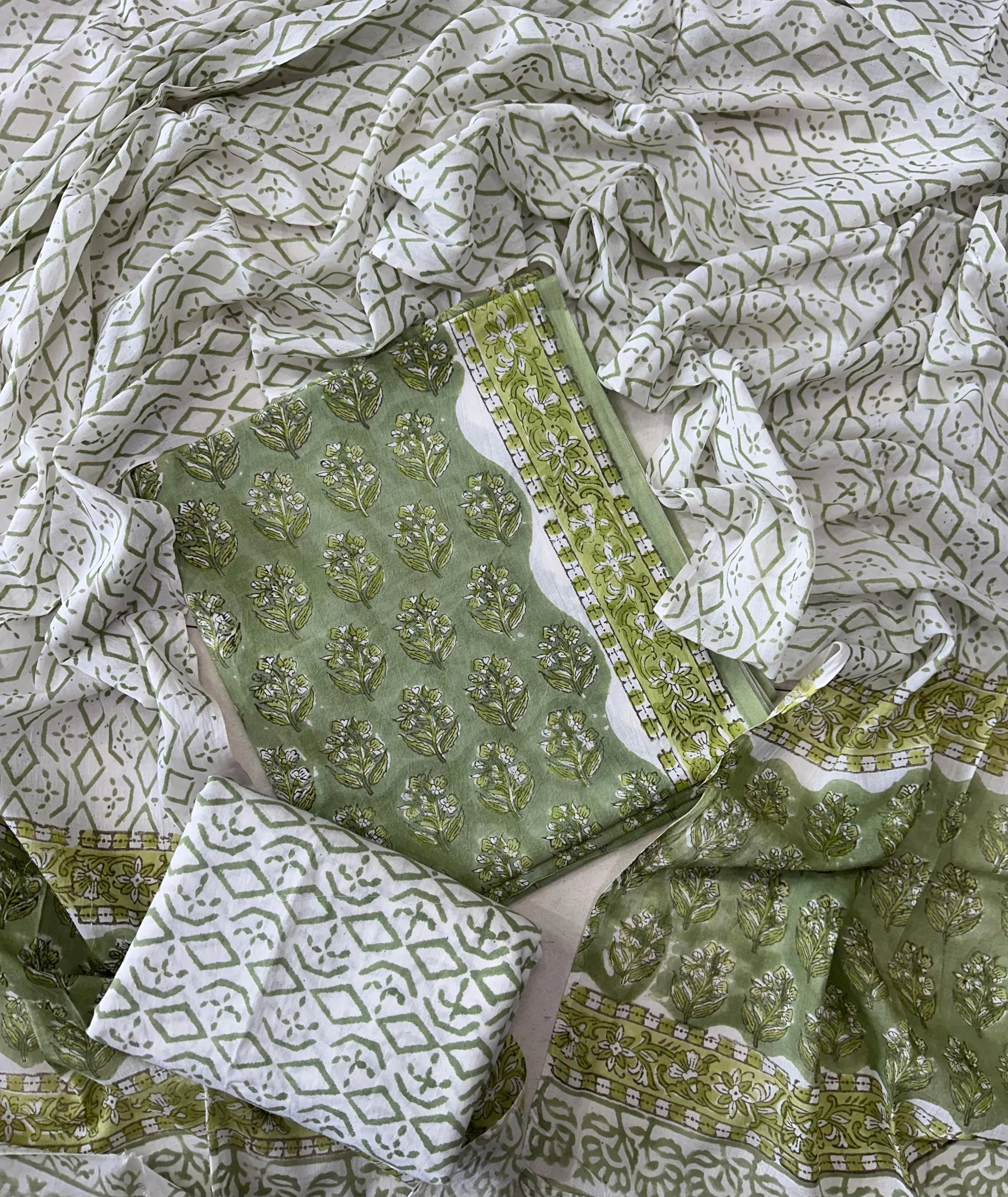 Printed Unstitched Cotton Salwar Suit With Mulmul Dupatta