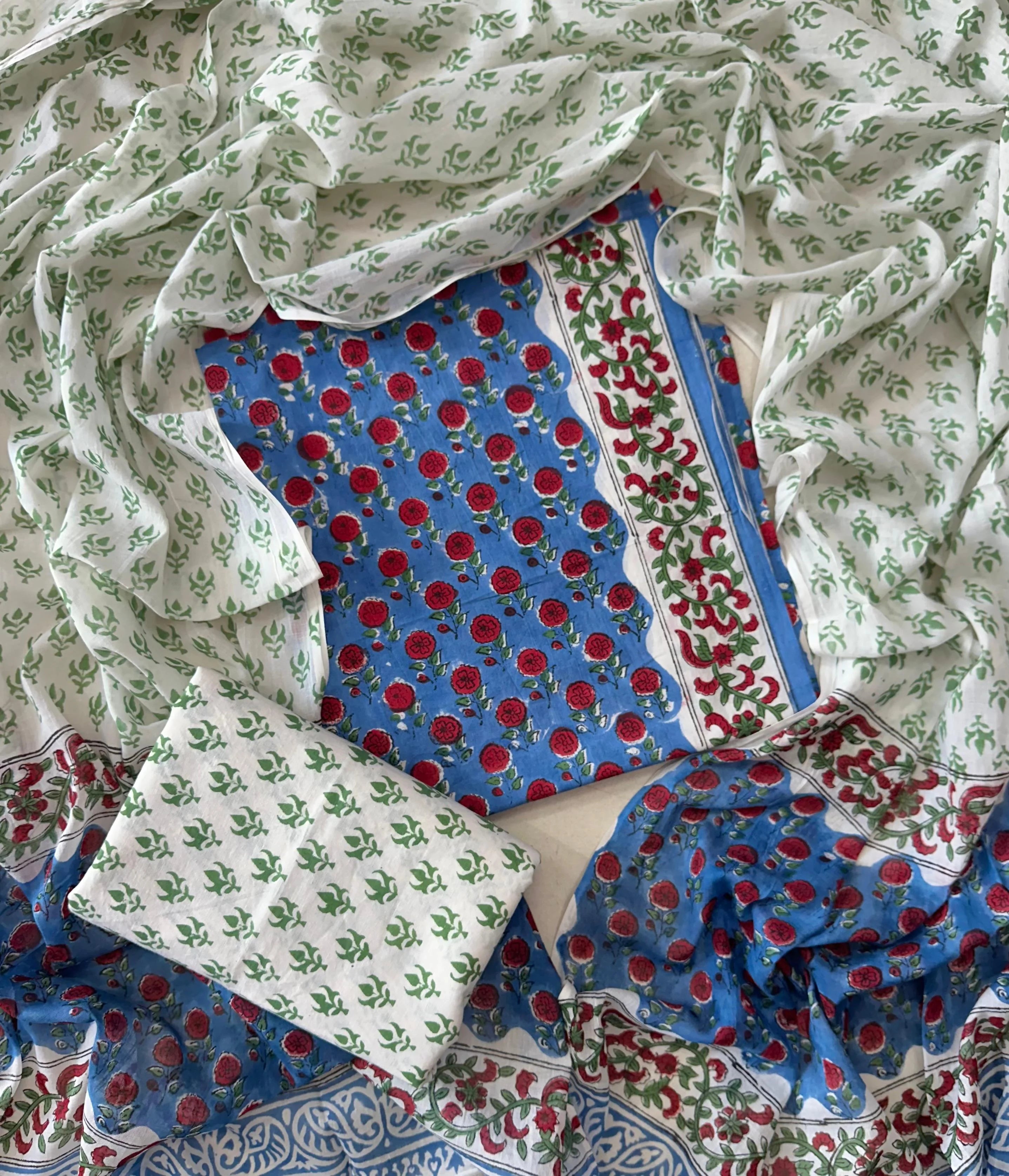 Printed Unstitched Cotton Salwar Suit With Mulmul Dupatta
