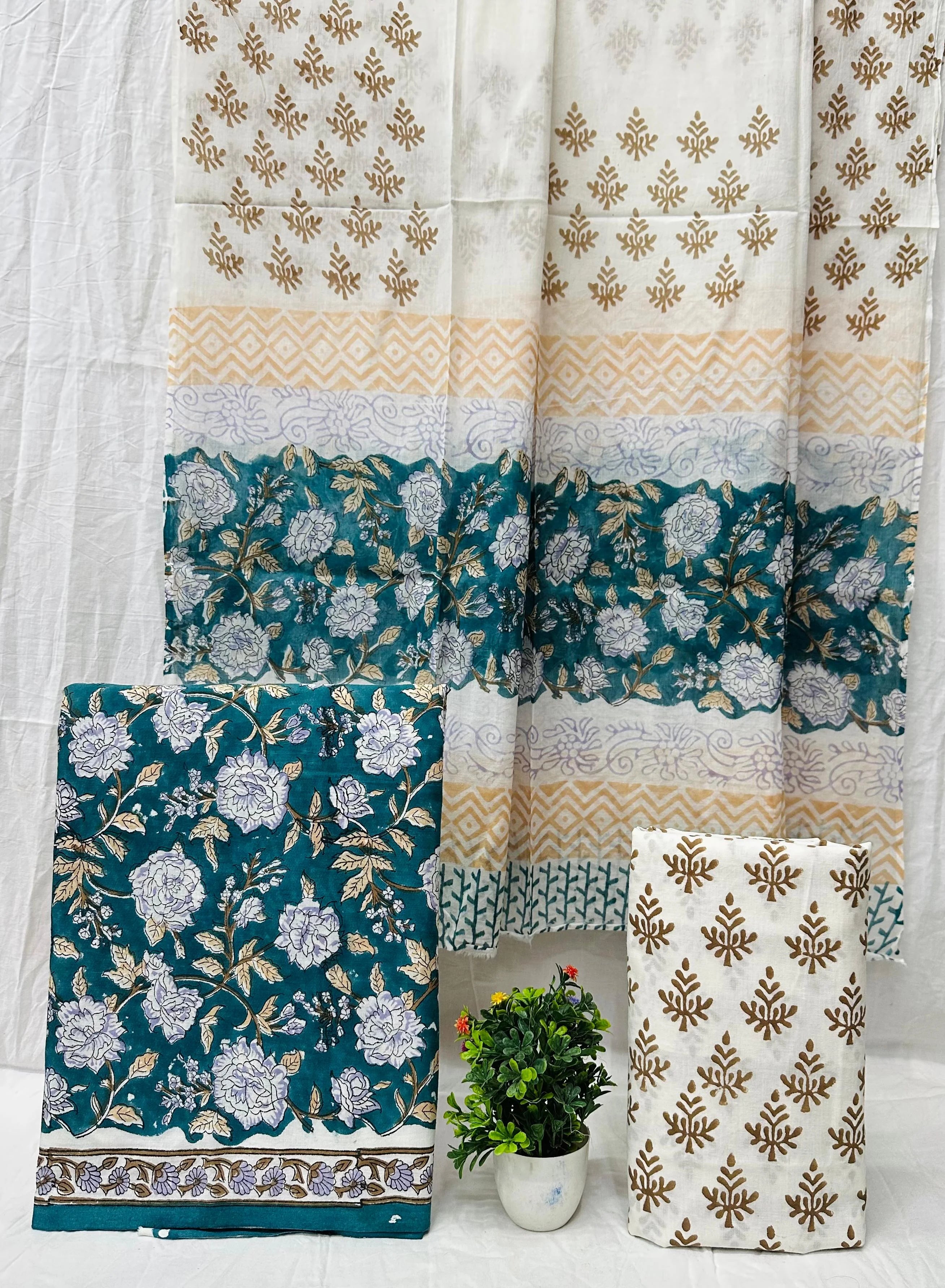 Printed Unstitched Cotton Salwar Suit With Mulmul Dupatta