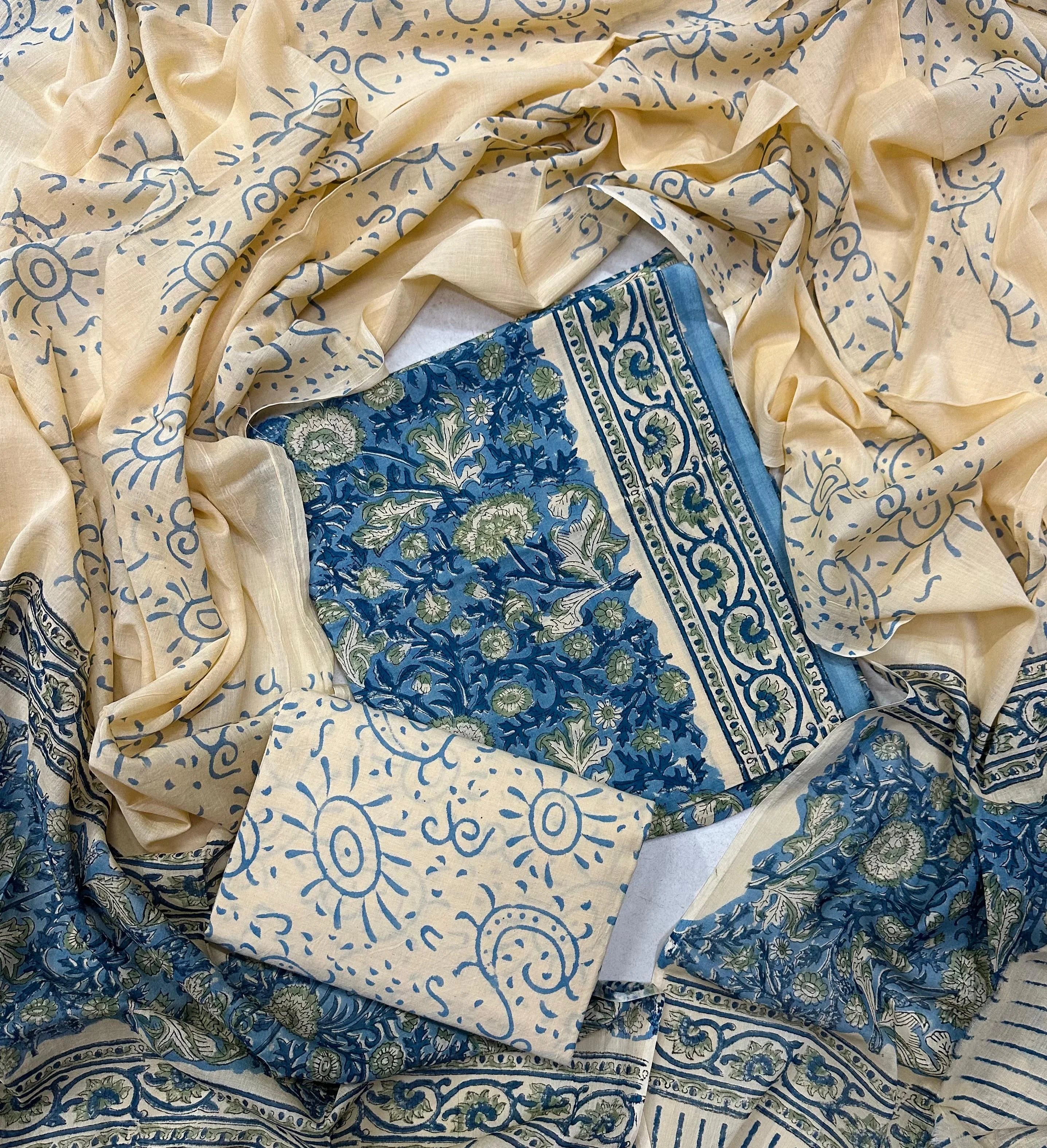 Printed Unstitched Cotton Salwar Suit With Mulmul Dupatta