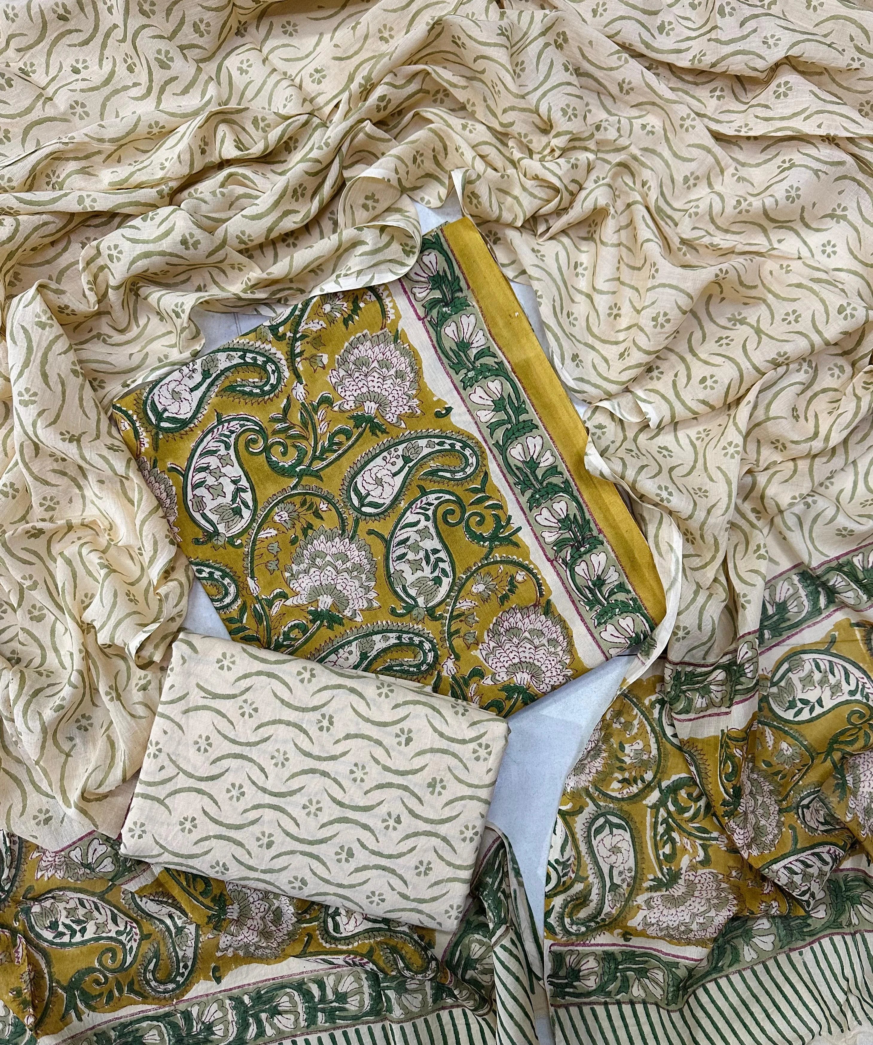 Printed Unstitched Cotton Salwar Suit With Mulmul Dupatta