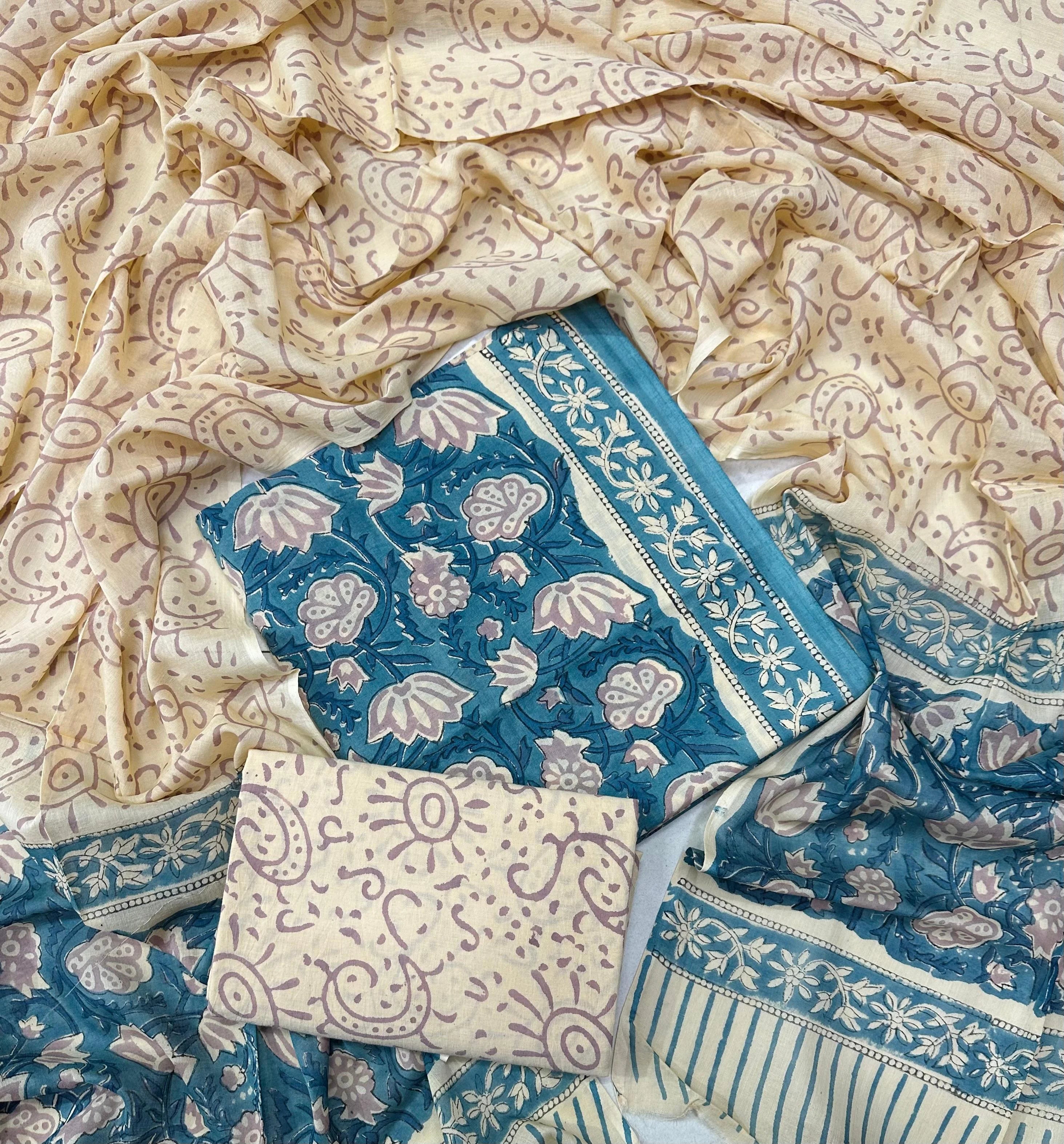 Printed Unstitched Cotton Salwar Suit With Mulmul Dupatta