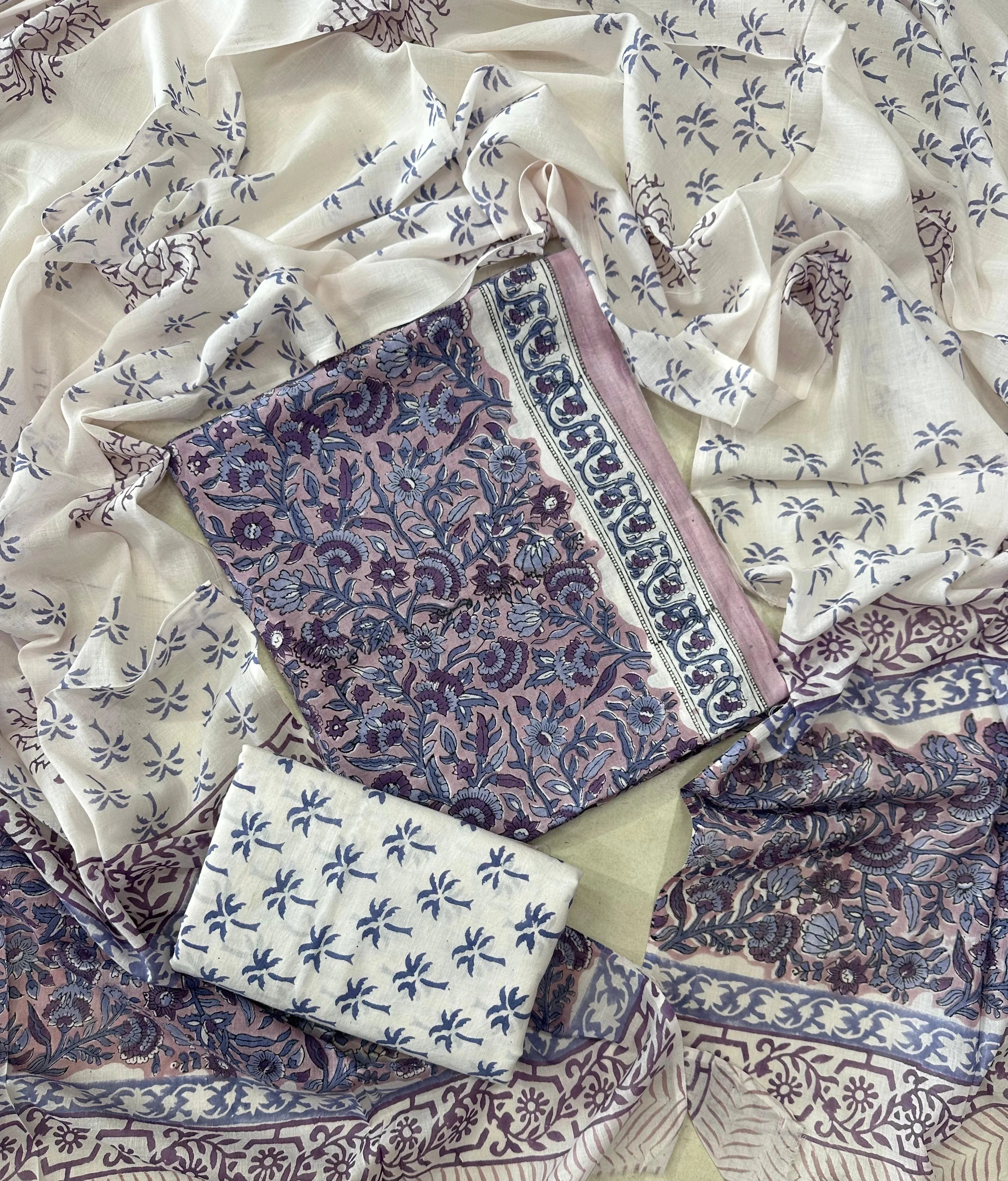 Printed Unstitched Cotton Salwar Suit With Mulmul Dupatta