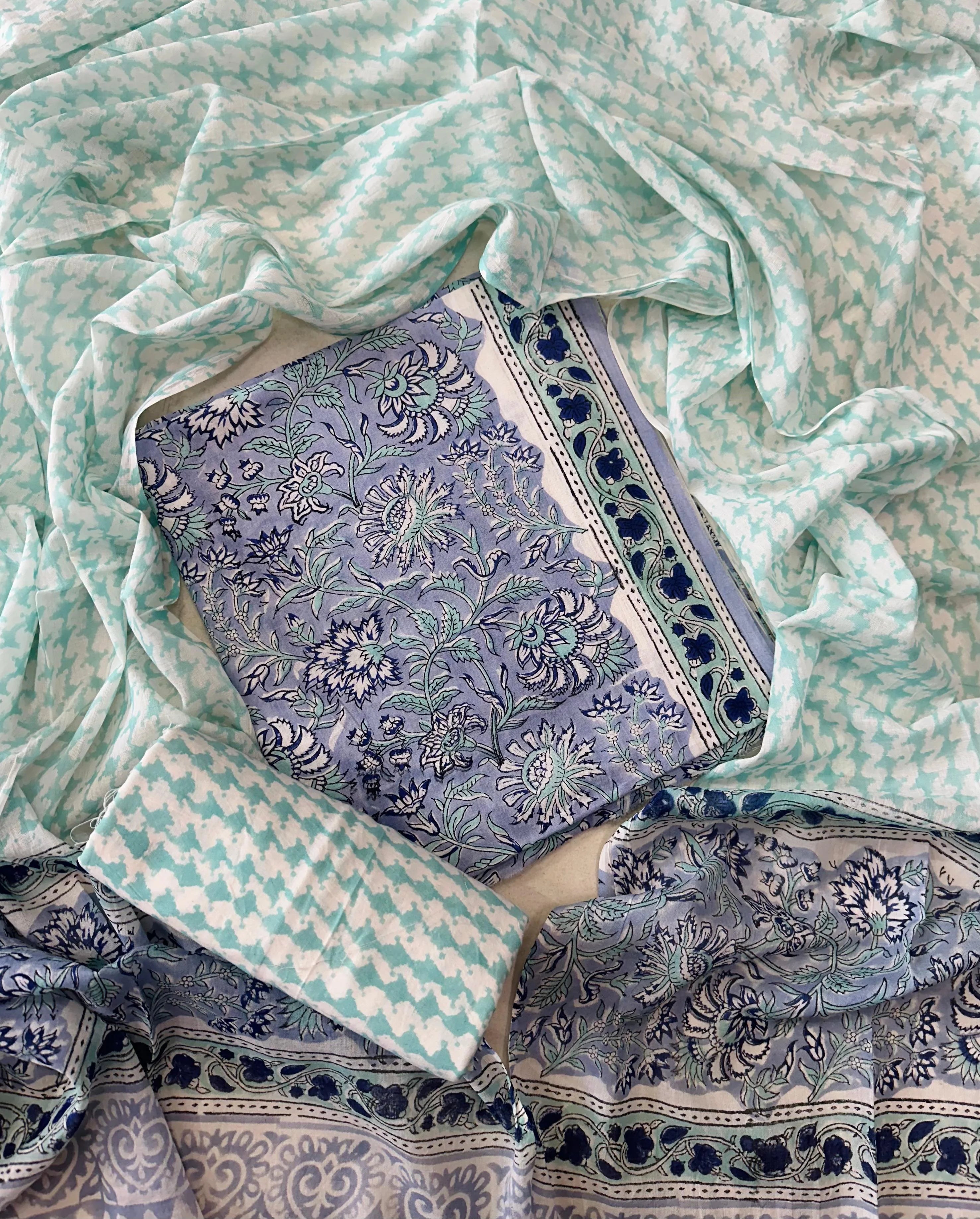 Printed Unstitched Cotton Salwar Suit With Mulmul Dupatta