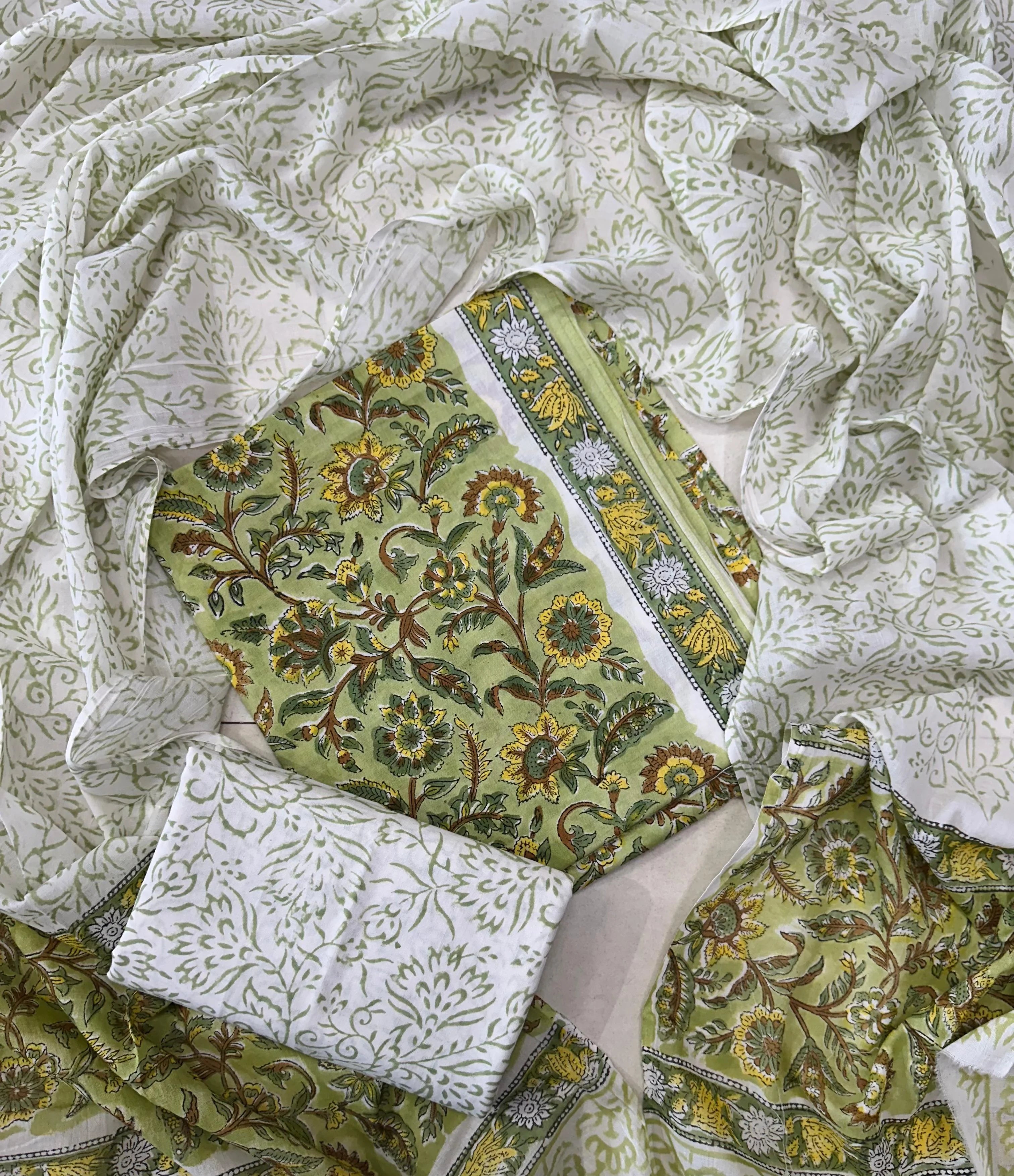 Printed Unstitched Cotton Salwar Suit With Mulmul Dupatta