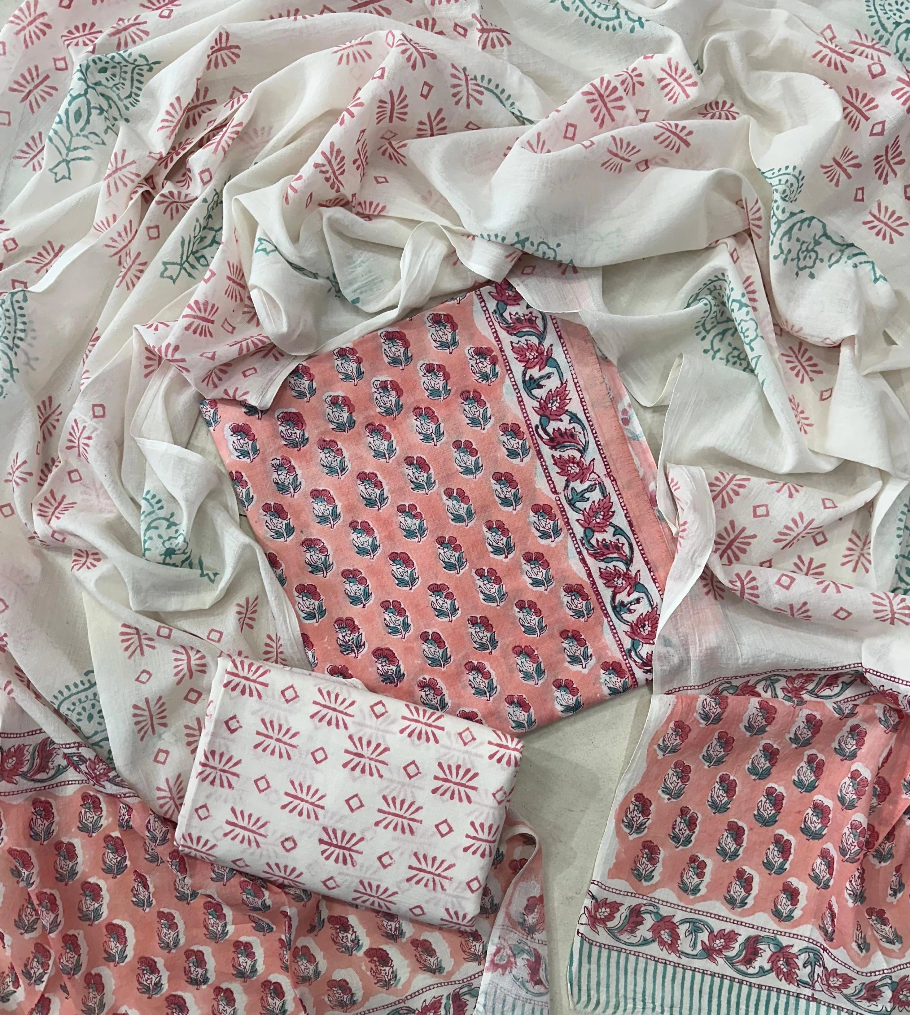 Printed Unstitched Cotton Salwar Suit With Mulmul Dupatta