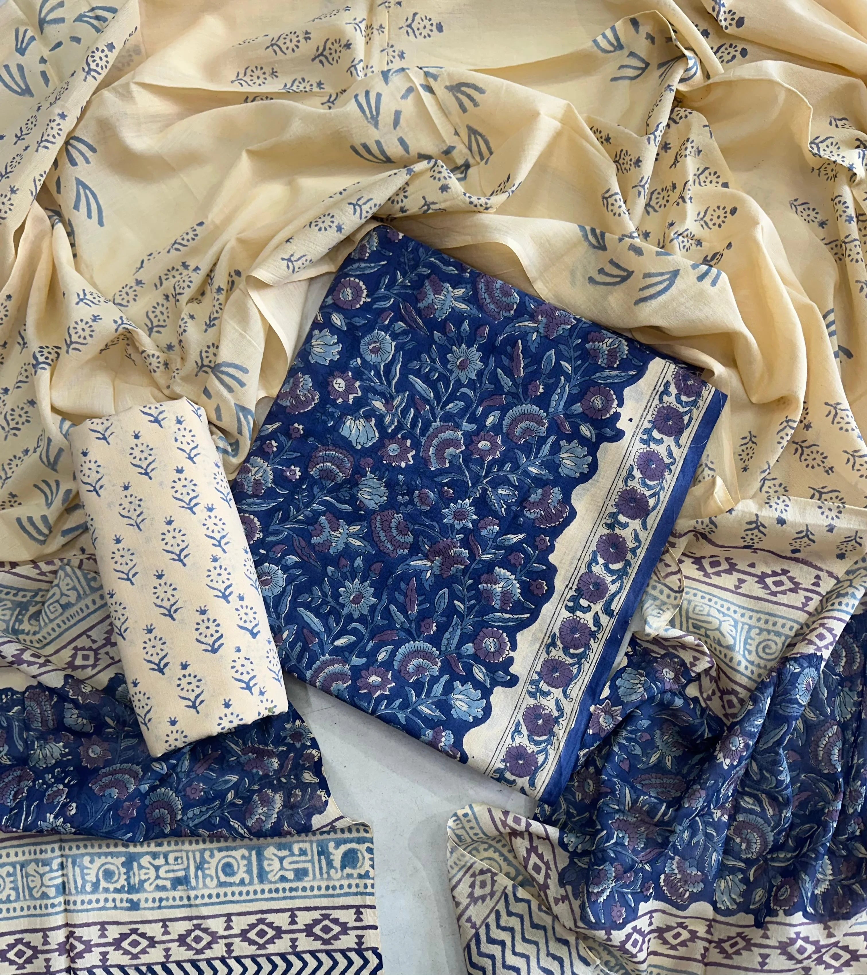 Printed Unstitched Cotton Salwar Suit With Mulmul Dupatta