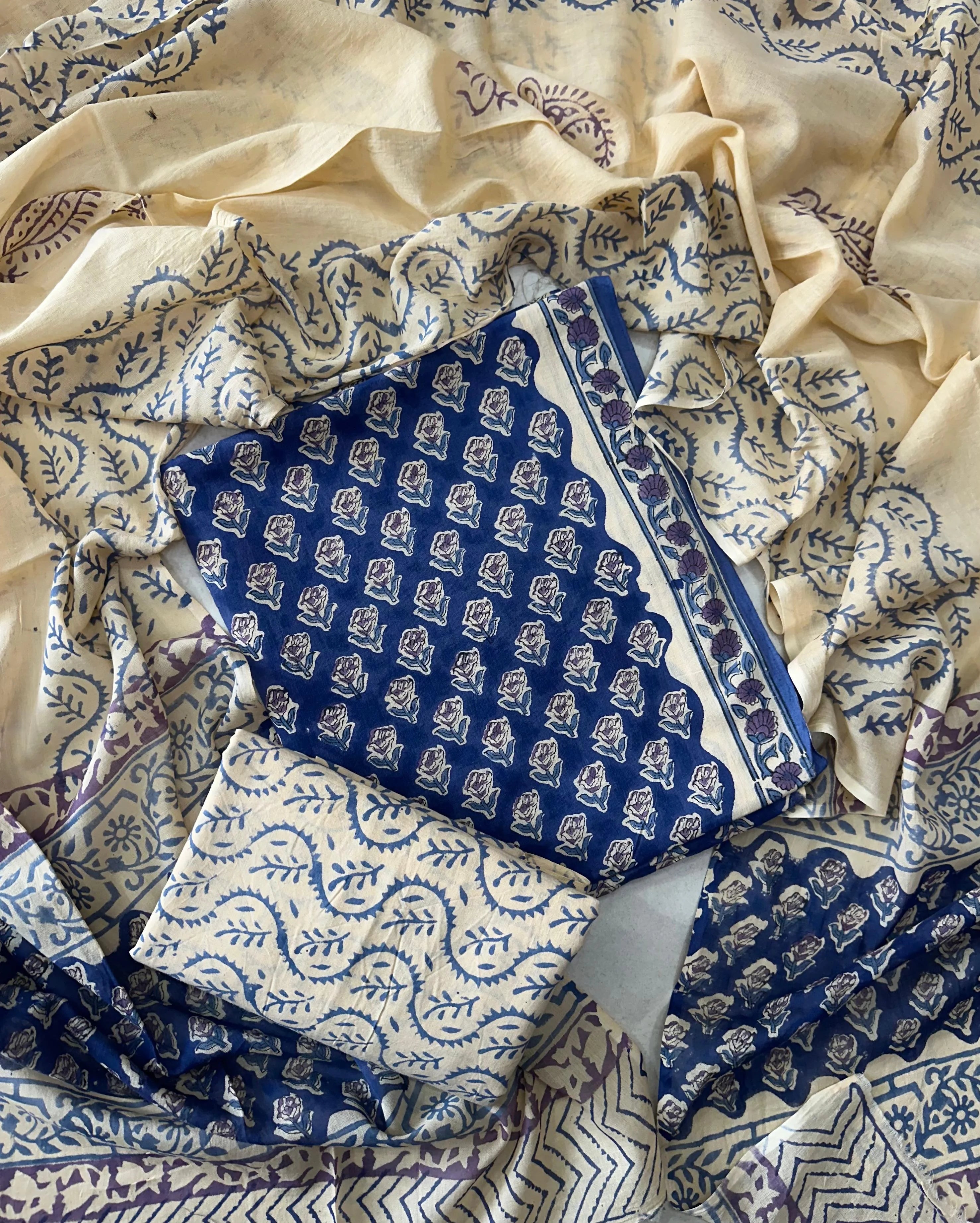 Printed Unstitched Cotton Salwar Suit With Mulmul Dupatta