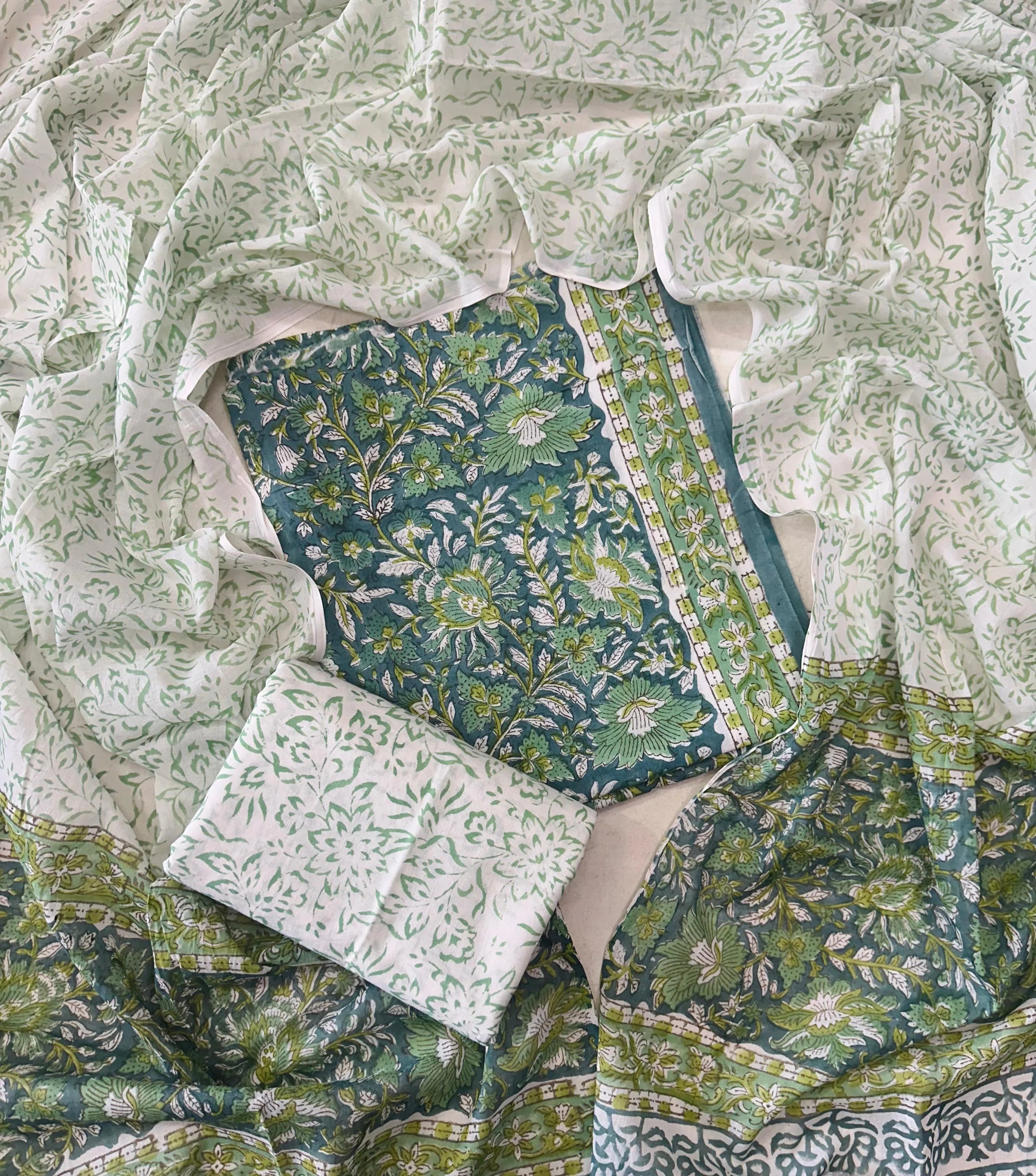 Printed Unstitched Cotton Salwar Suit With Mulmul Dupatta