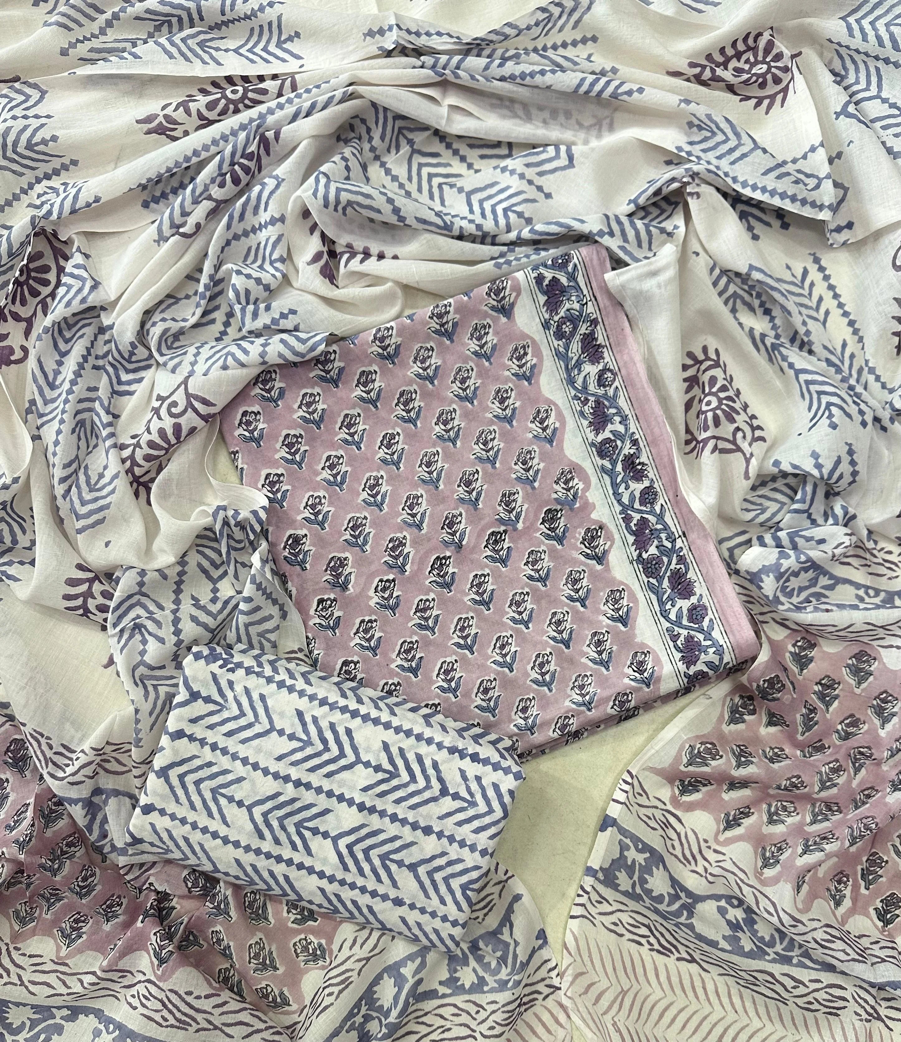 Printed Unstitched Cotton Salwar Suit With Mulmul Dupatta