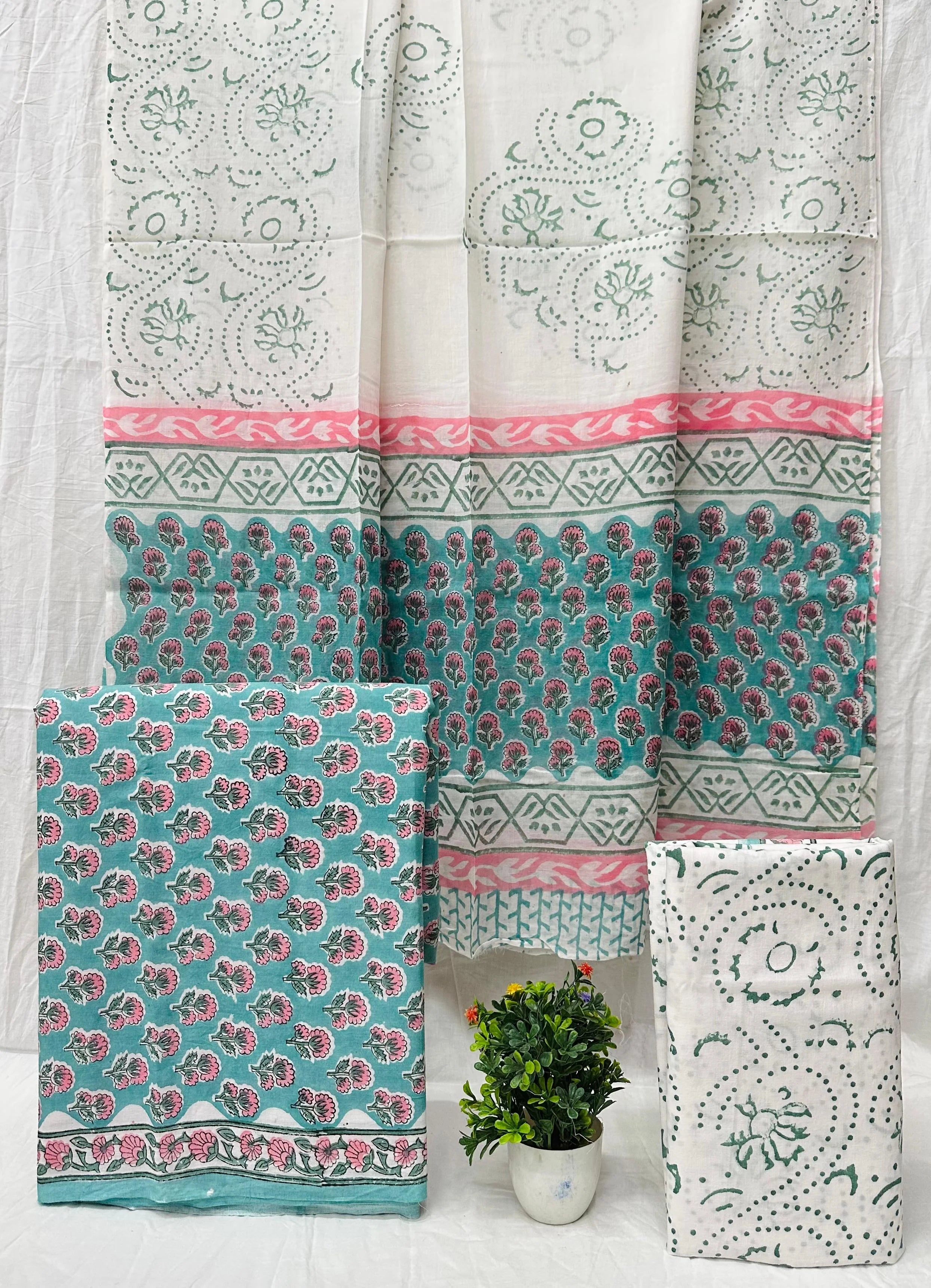 Printed Unstitched Cotton Salwar Suit With Mulmul Dupatta