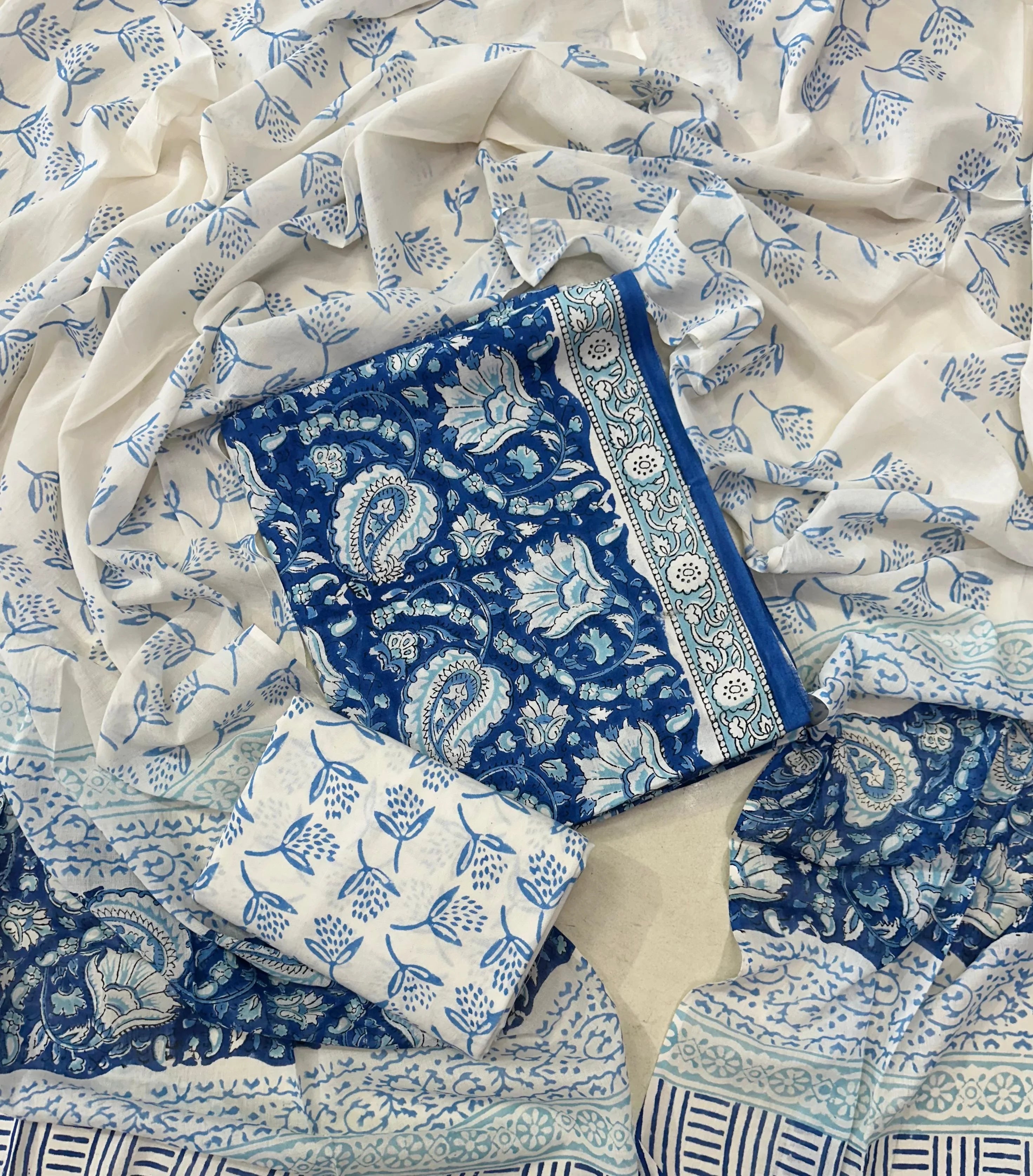 Printed Unstitched Cotton Salwar Suit With Mulmul Dupatta