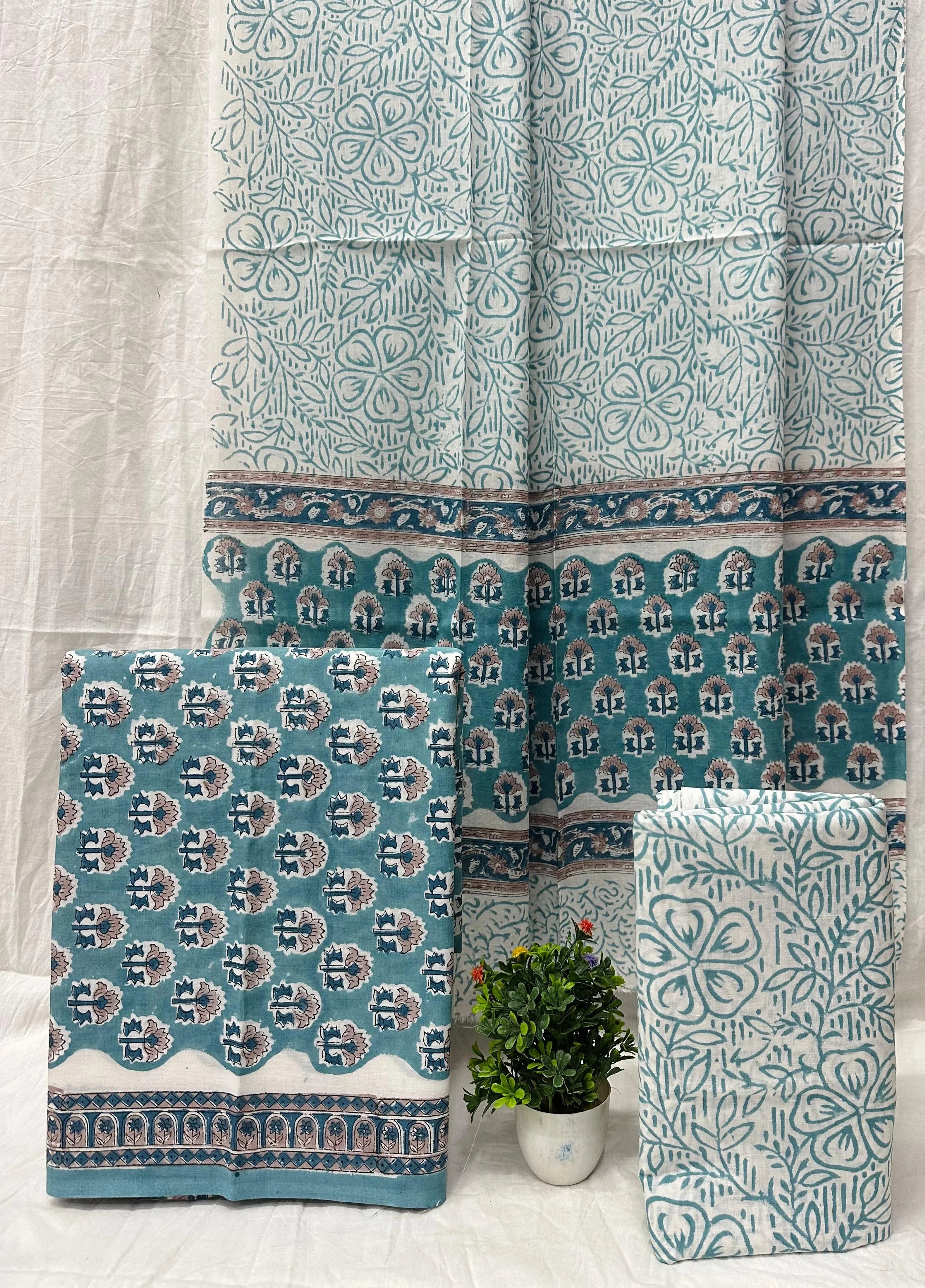 Printed Unstitched Cotton Salwar Suit With Mulmul Dupatta