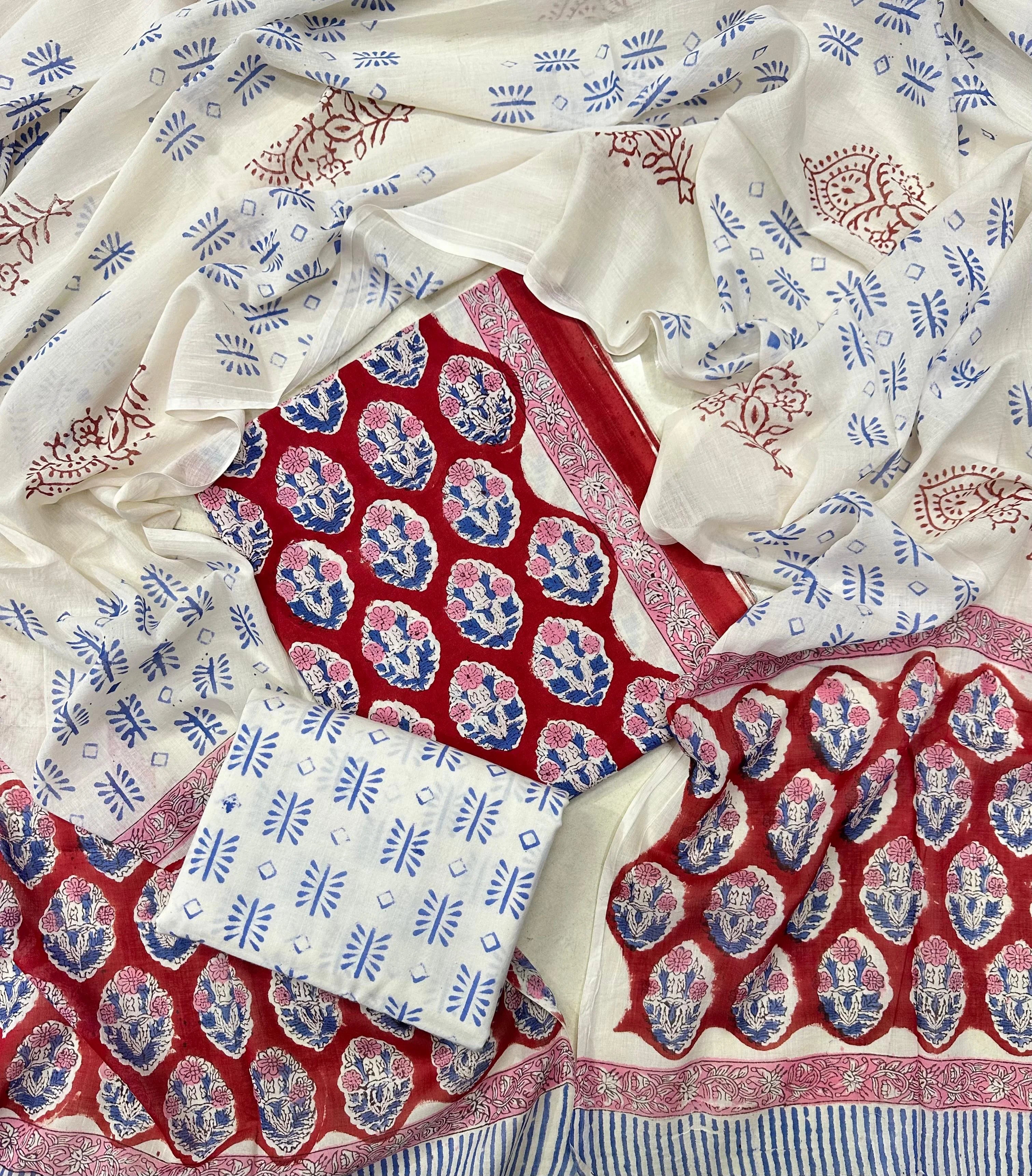 Printed Unstitched Cotton Salwar Suit With Mulmul Dupatta