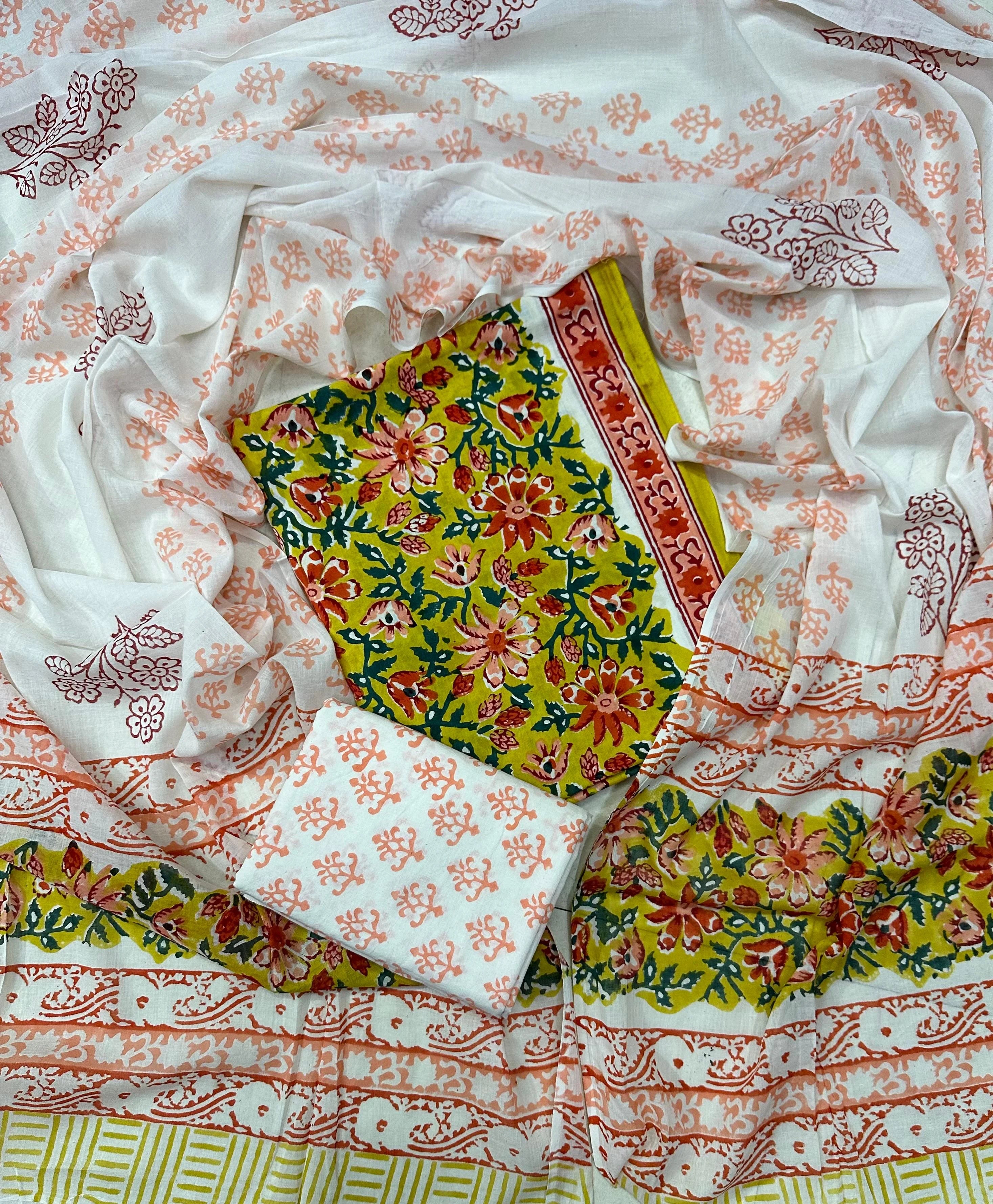 Printed Unstitched Cotton Salwar Suit With Mulmul Dupatta