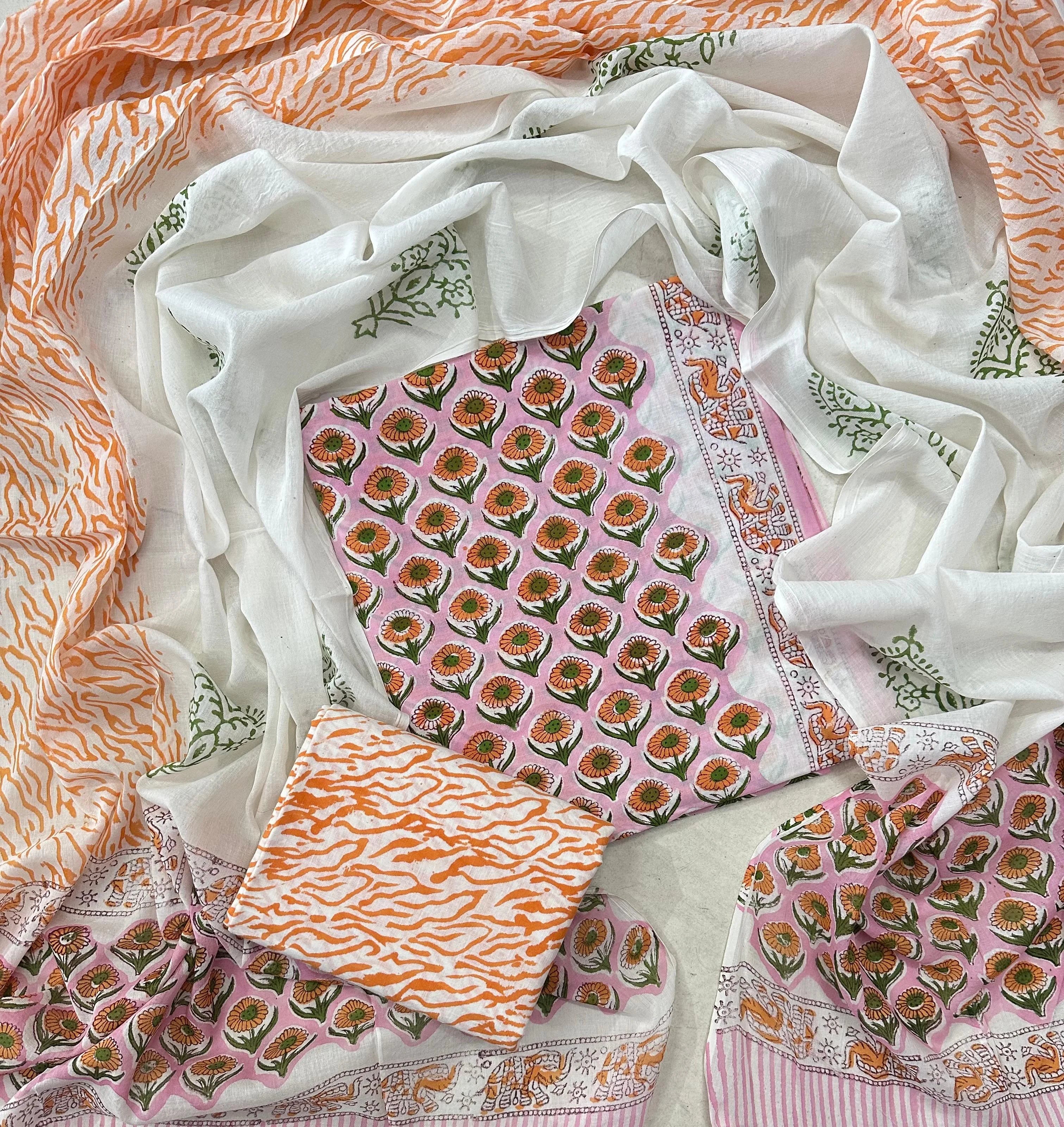 Printed Unstitched Cotton Salwar Suit With Mulmul Dupatta