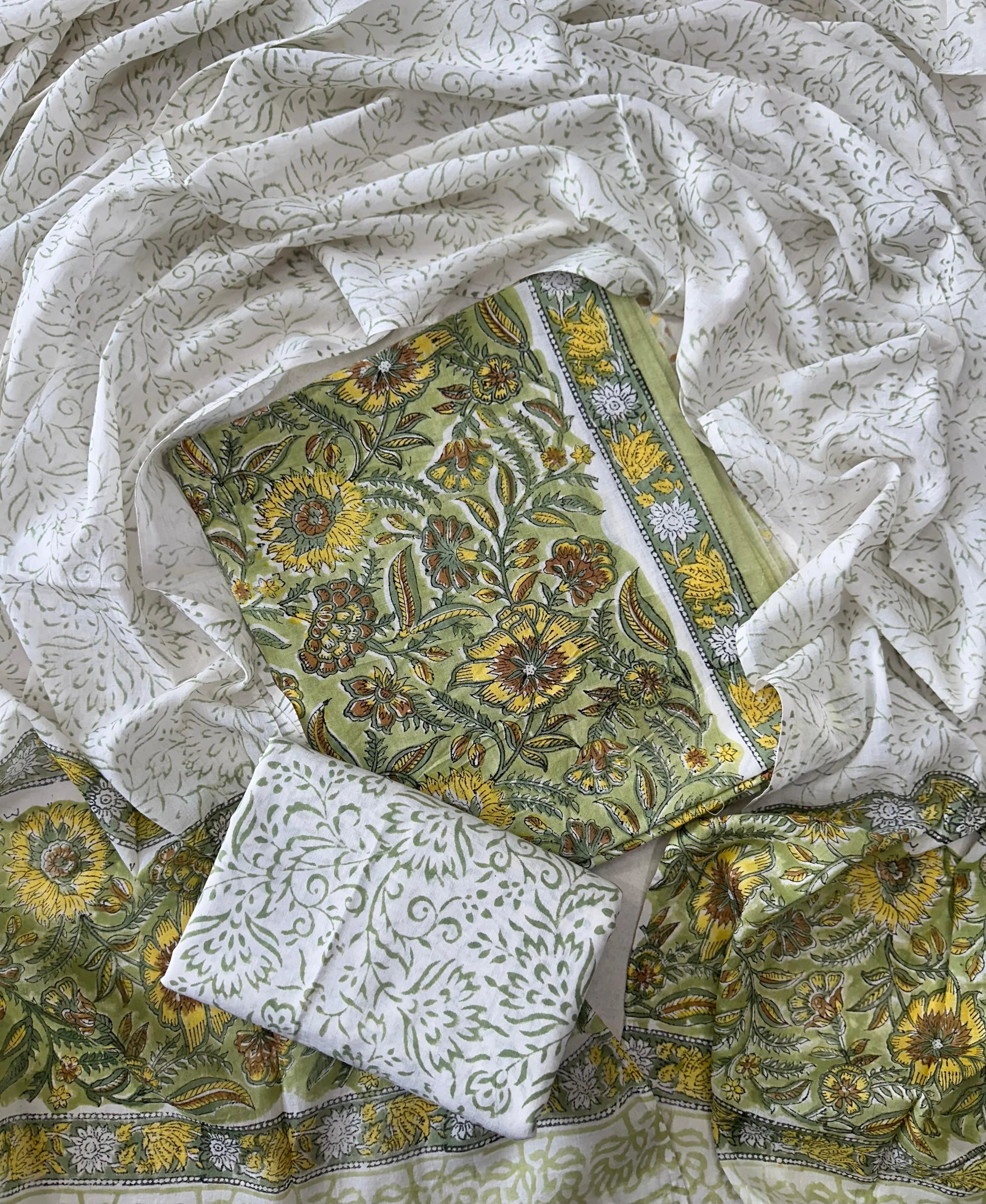 Printed Unstitched Cotton Salwar Suit With Mulmul Dupatta