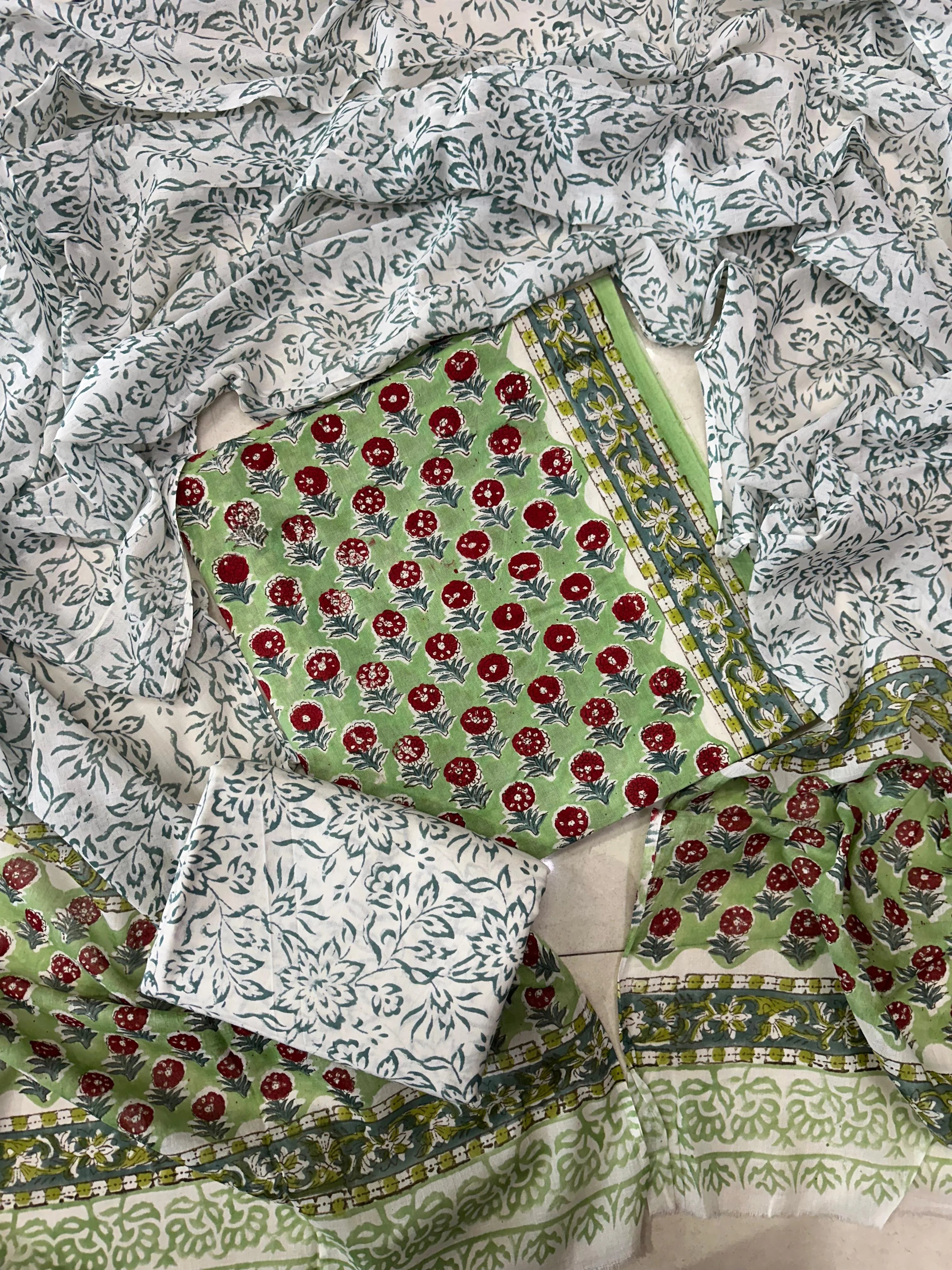 Printed Unstitched Cotton Salwar Suit With Mulmul Dupatta