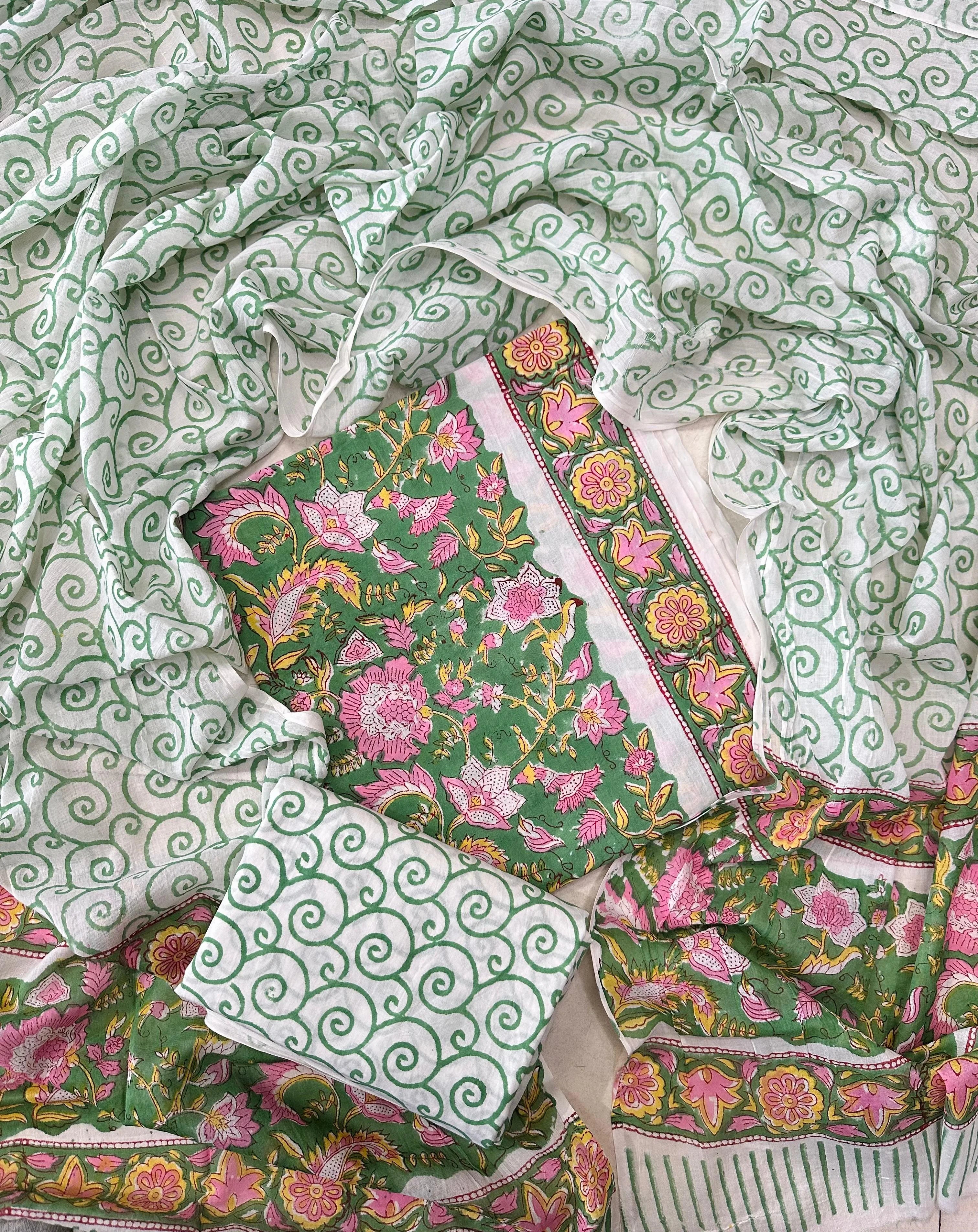 Printed Unstitched Cotton Salwar Suit With Mulmul Dupatta