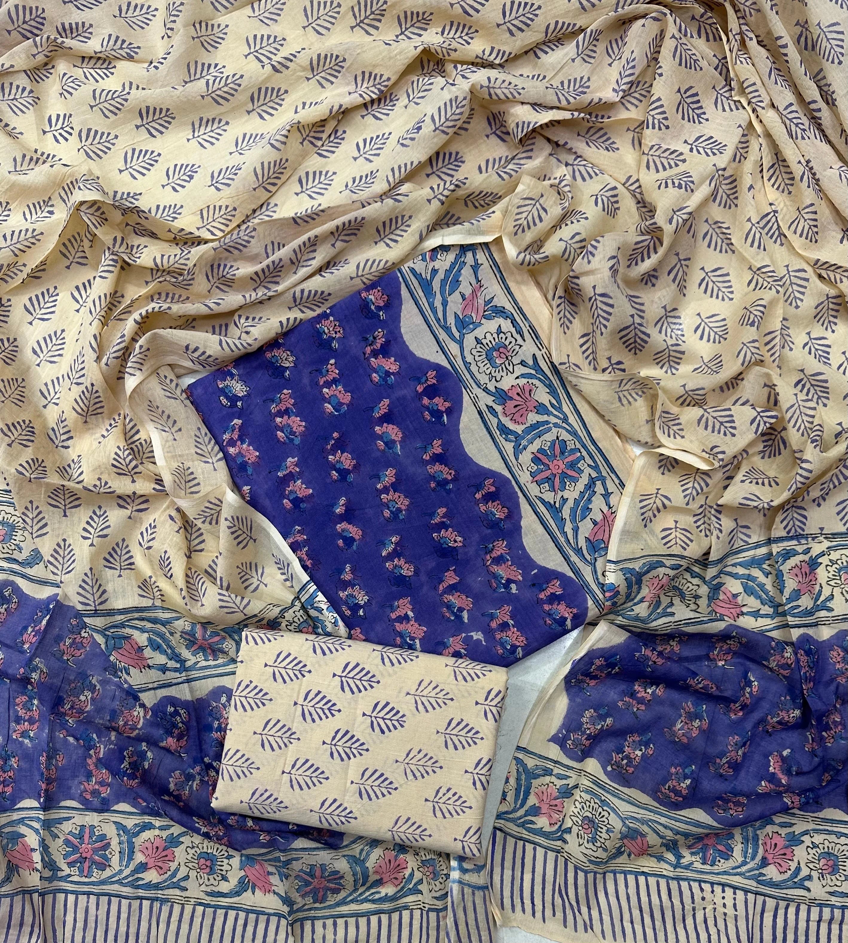 Printed Unstitched Cotton Salwar Suit With Mulmul Dupatta