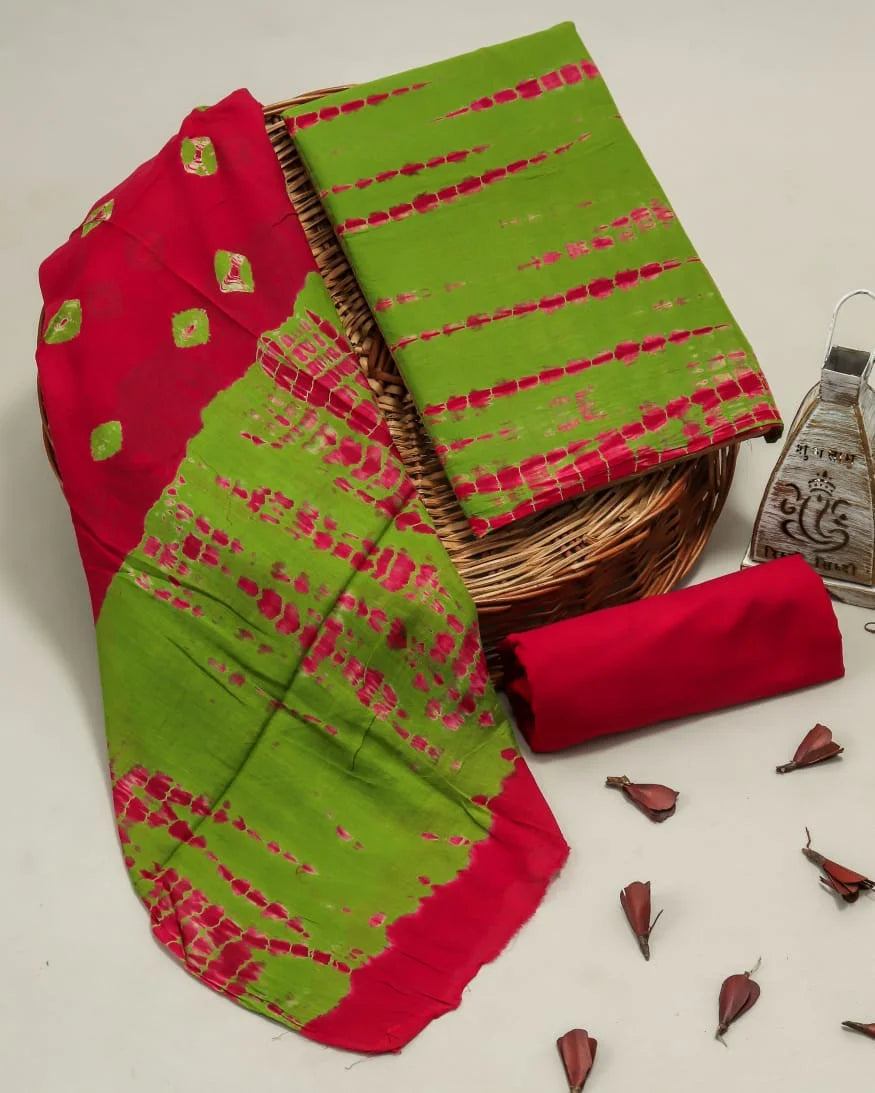 Printed Unstitched Cotton Salwar Suit With Mulmul Dupatta