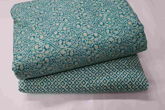 Screen Printed Green Pure Cotton Fabric Set  ( Top and bottom 2.5 meter each )