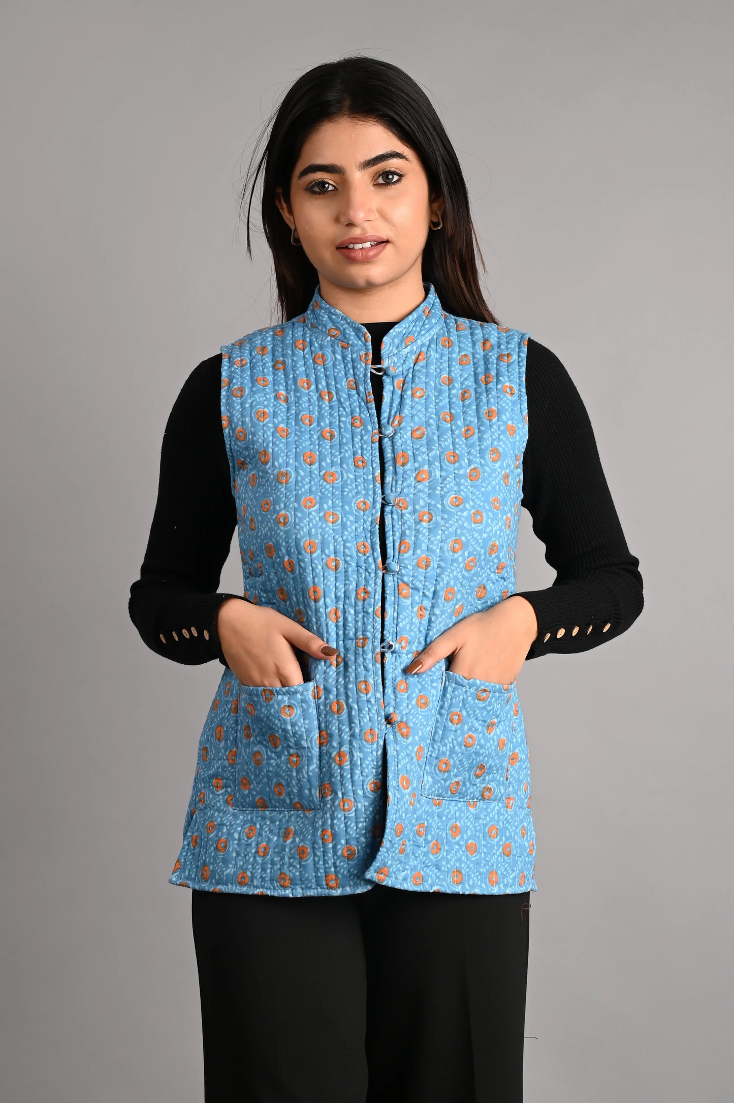 Winter Dark Sky Blue Sleeveless Reversible Jaipuri Cotton Quilted Jackets For Women