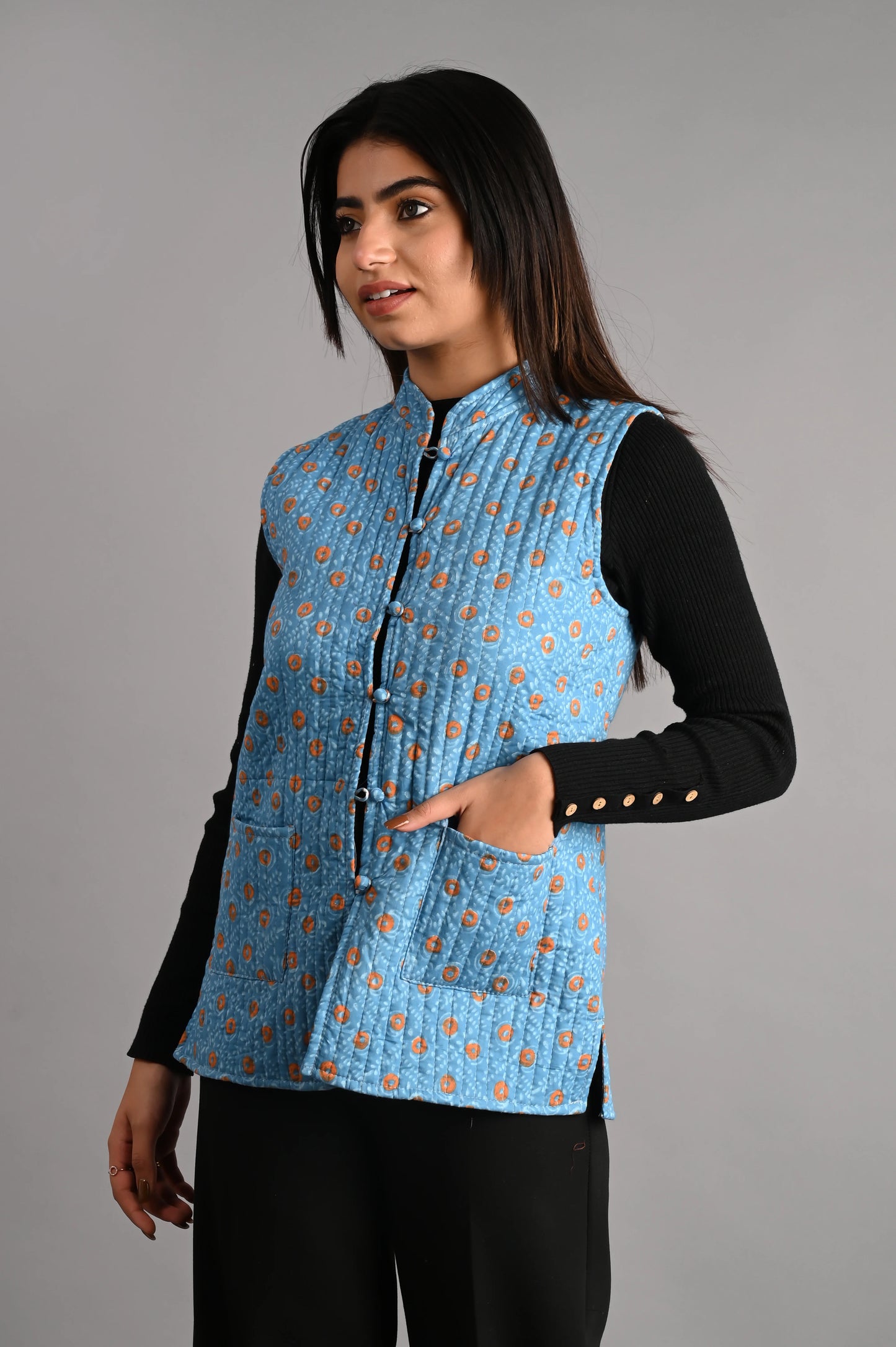 Winter Dark Sky Blue Sleeveless Reversible Jaipuri Cotton Quilted Jackets For Women