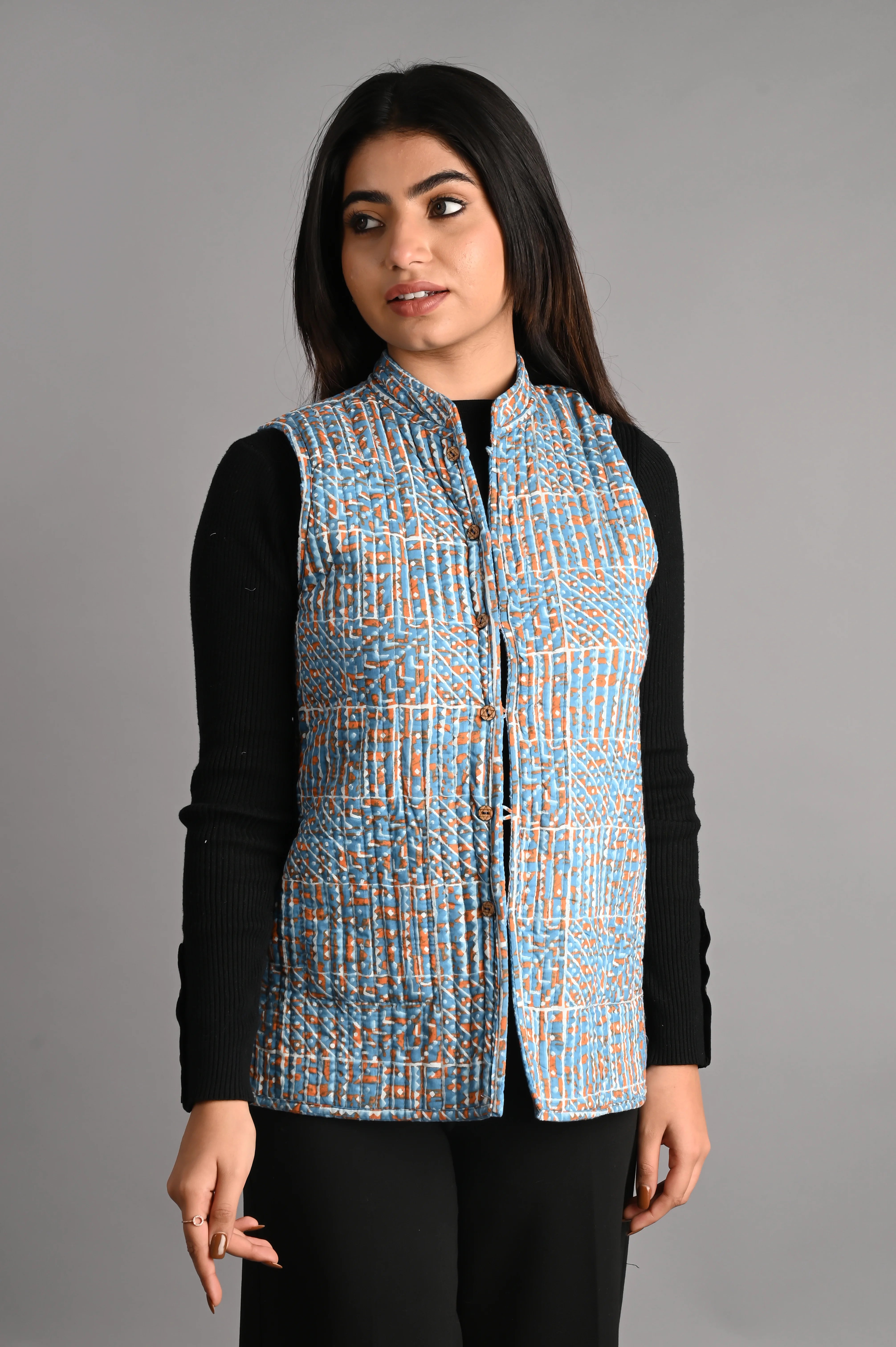 Winter Dark Sky Blue Sleeveless Reversible Jaipuri Cotton Quilted Jackets For Women