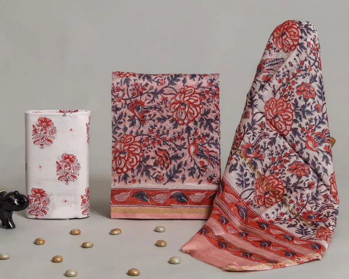 Handblock Peach Floral Printed Chanderi Silk Salwar Suit Sets