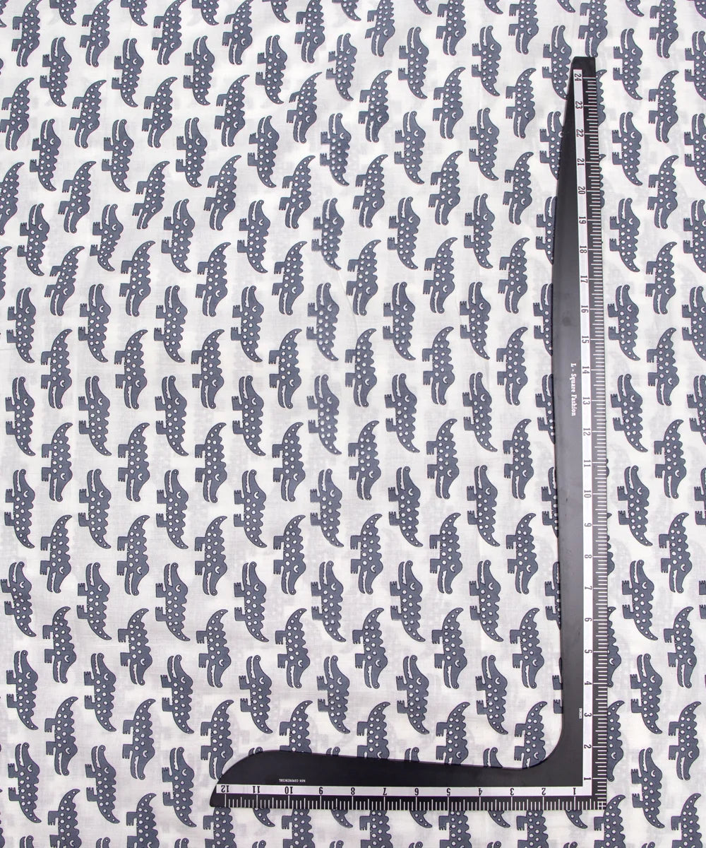 Jaipuri Screen White Grey Crocodile Animal Printed Pure Cotton Fabric
