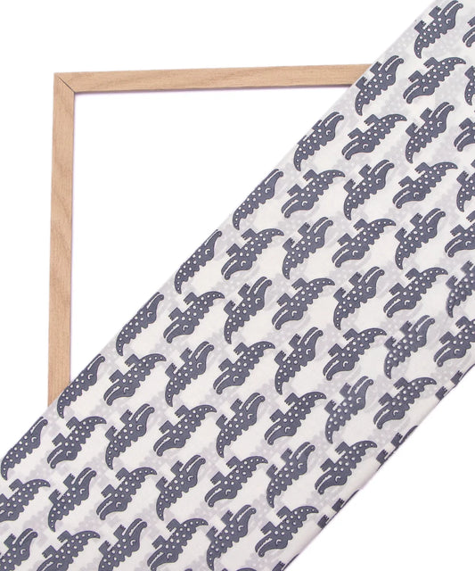 Jaipuri Screen White Grey Crocodile Animal Printed Pure Cotton Fabric