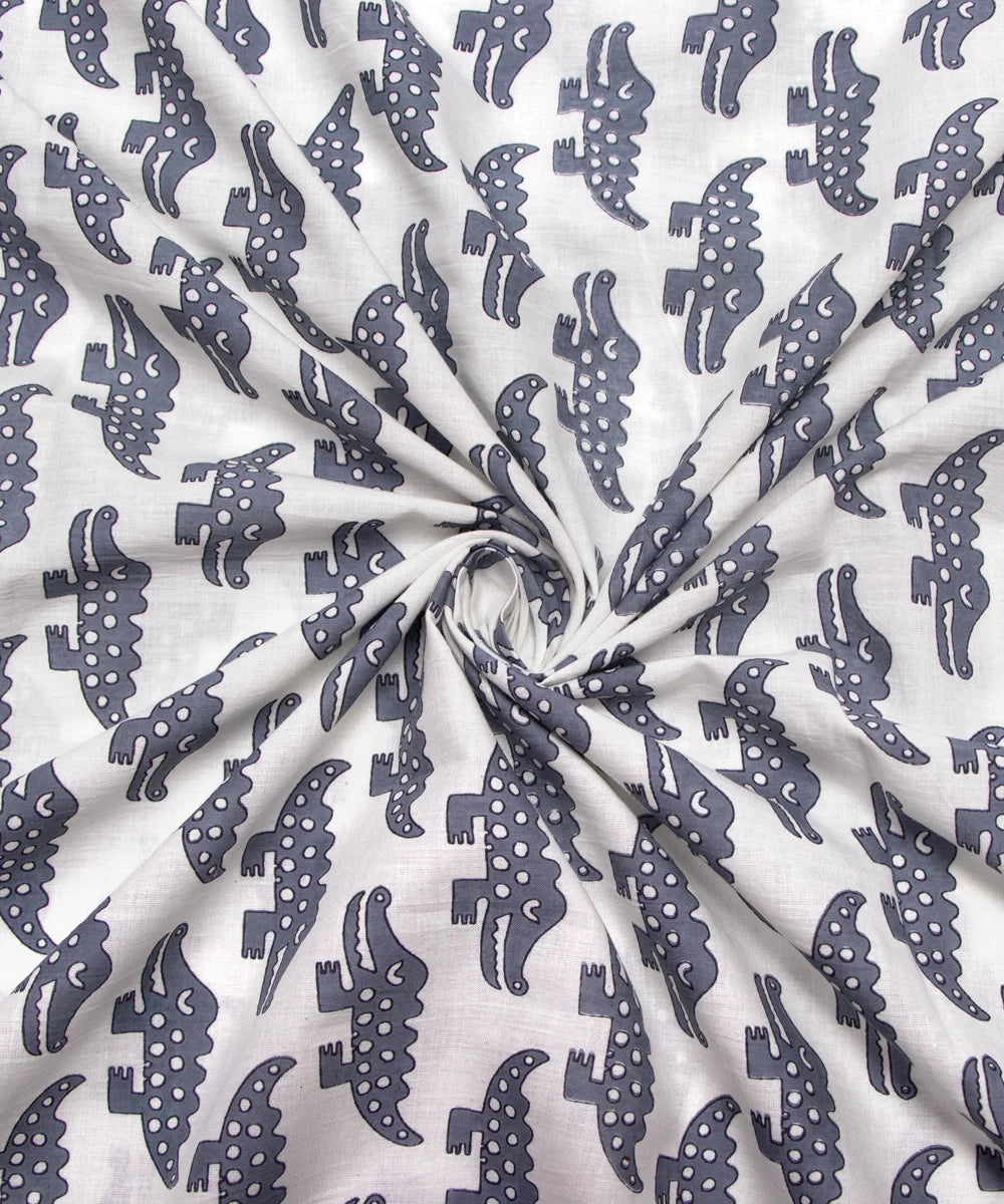 Jaipuri Screen White Grey Crocodile Animal Printed Pure Cotton Fabric