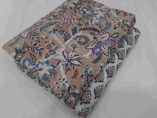 Handblock Light Brown Floral printed Jaal & Butti Mix and Match Pure Cotton Fabric ( Top and bottom 2.5 meter each )