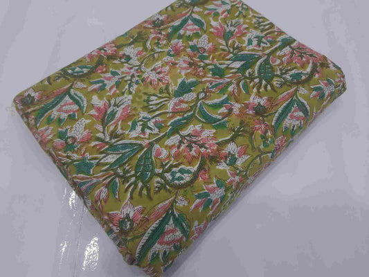 Handblock Green Floral Printed Natural dye Soft Cotton fabrics