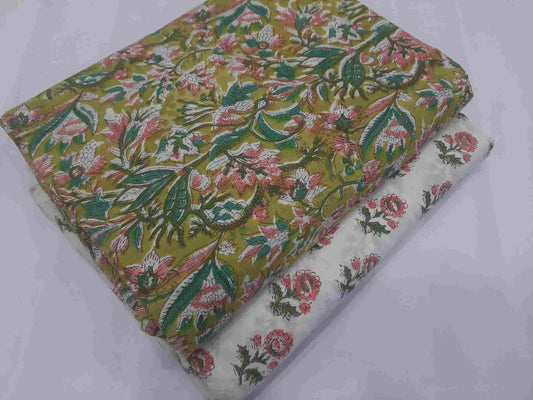 Handblock Green Floral printed Jaal & Butti Mix and Match Pure Cotton Fabric ( Top and bottom 2.5 meter each )