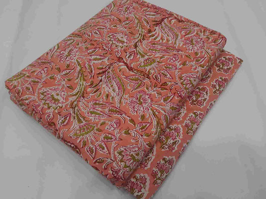Handblock Orange Floral printed Jaal & Butti Mix and Match Pure Cotton Fabric ( Top and bottom 2.5 meter each )