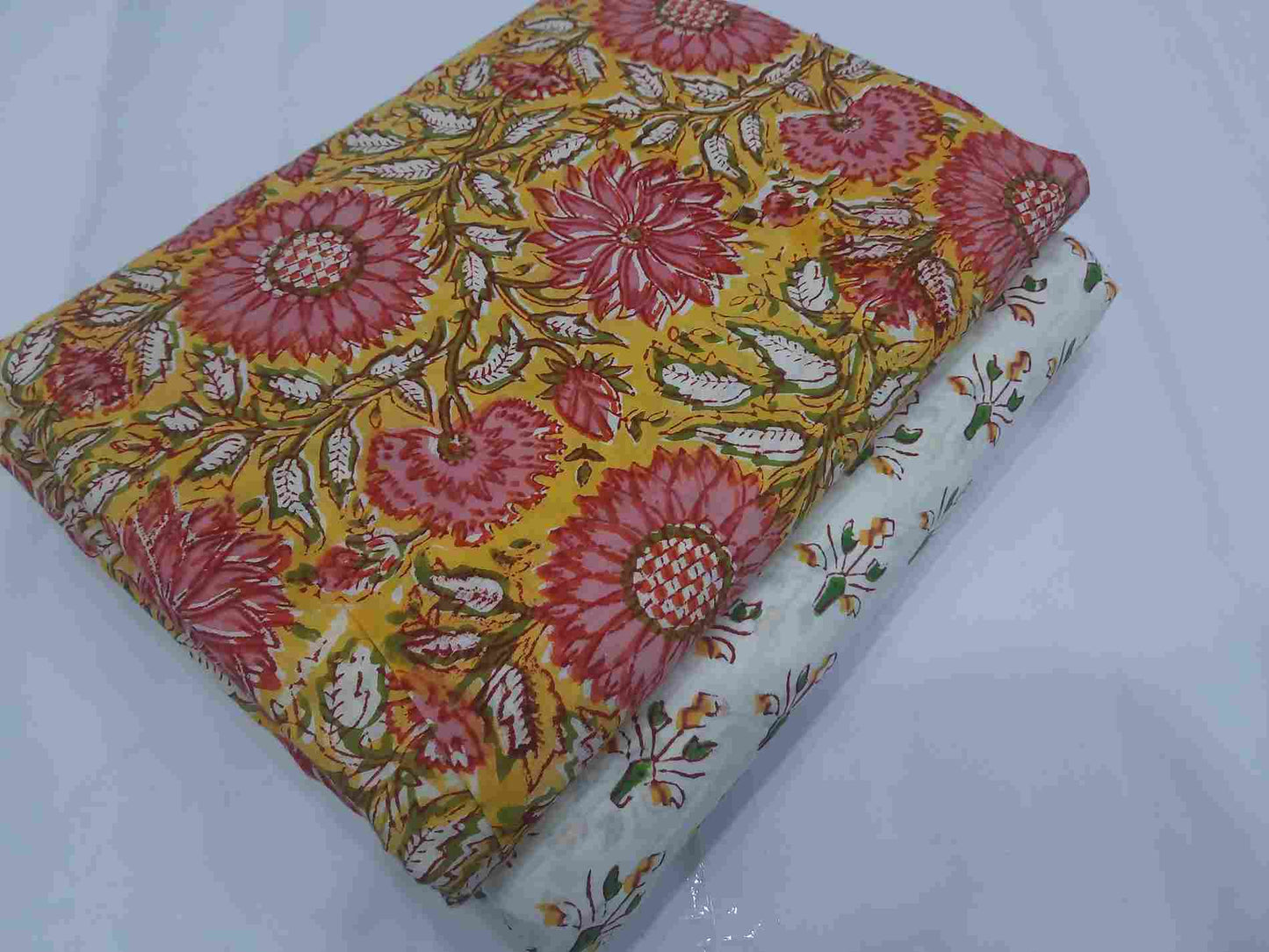 Handblock Yellow Floral printed Jaal & Butti Mix and Match Pure Cotton Fabric ( Top and bottom 2.5 meter each )