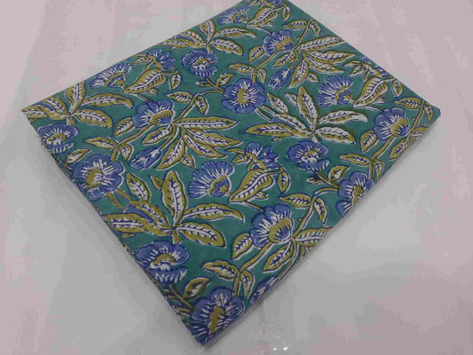 Handblock Greenish Floral Jaal Printed Natural dye Soft Cotton fabrics
