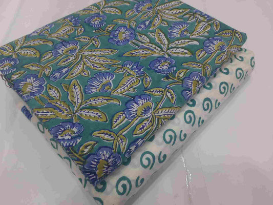 Handblock Rama Green Floral printed Mix and Match Pure Cotton Fabric ( Top and bottom 2.5 meter each )