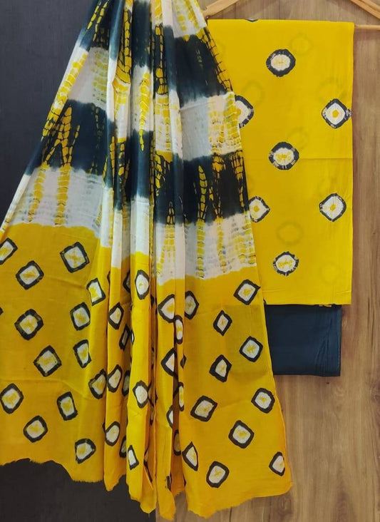 Handblock Yellow Bhandej And Shibori Cotton Salwar Suit With Mulmul Dupatta