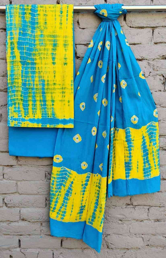 Handblock Yellow & Blue Shibori Bhandej Cotton Salwar Suit With Mulmul Dupatta