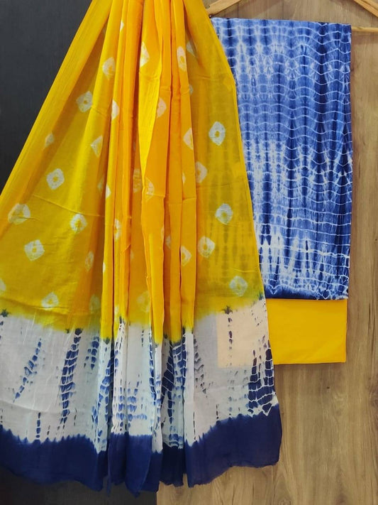 Handblock Blue Shibori Cotton Salwar Suit With Mulmul Dupatta