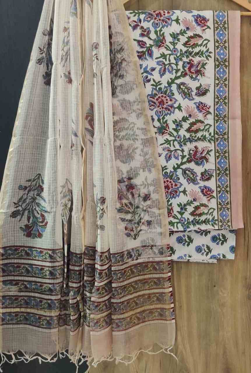 Unstitched Handblock Floral Pure Cotton Suit With Kota Doria Dupatta