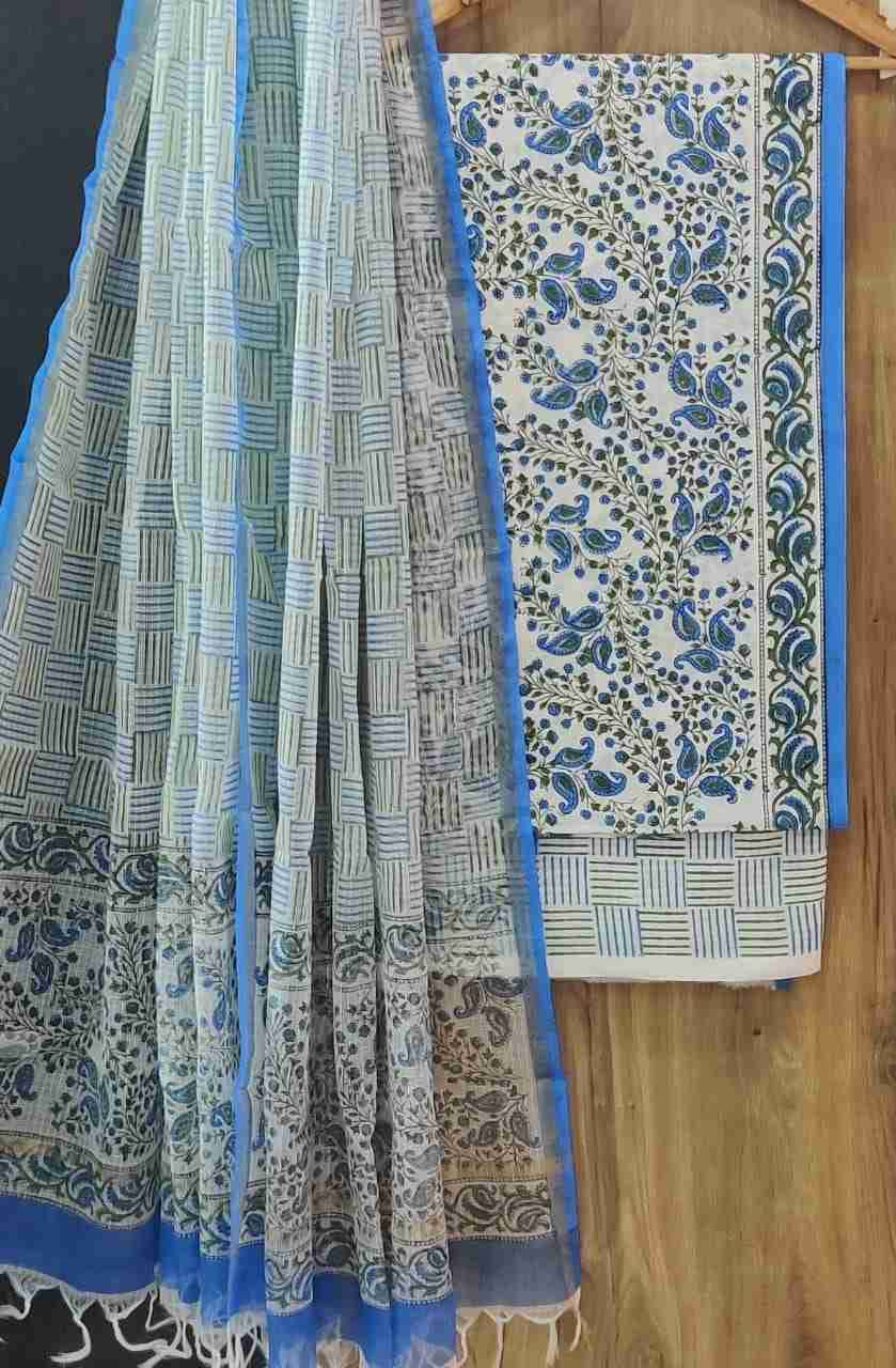 Unstitched Handblock Blue Floral Cotton Suit With Kota Doria Dupatta