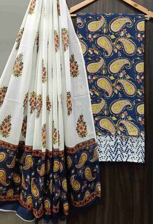Screen Floral Printed Blue Cotton Salwar Suit With Mulmul Dupatta