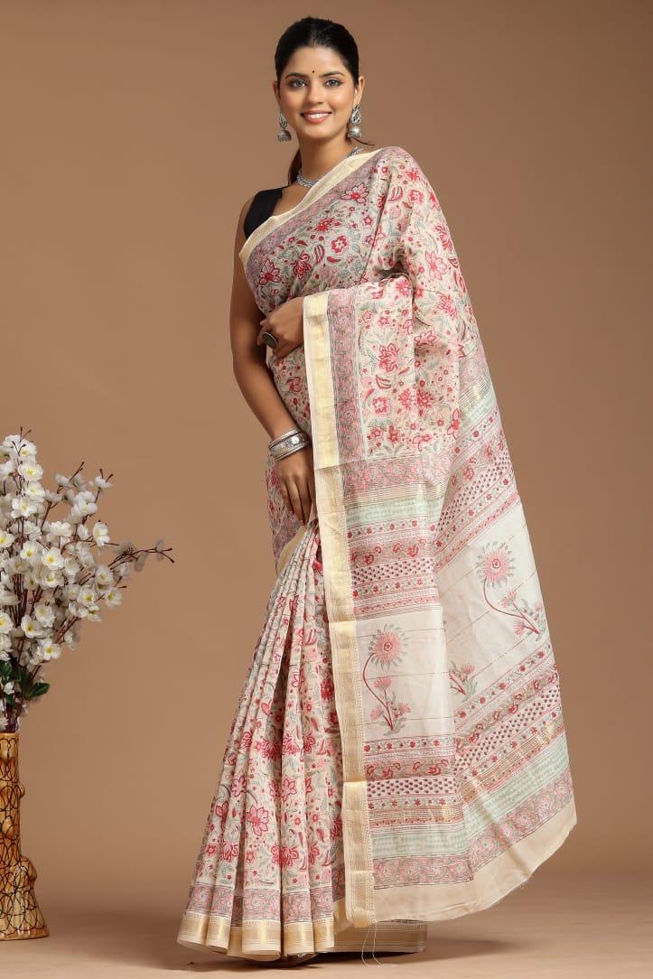 Cream Natural Handblock Maheshwari Silk Zari Border Saree With Blouse