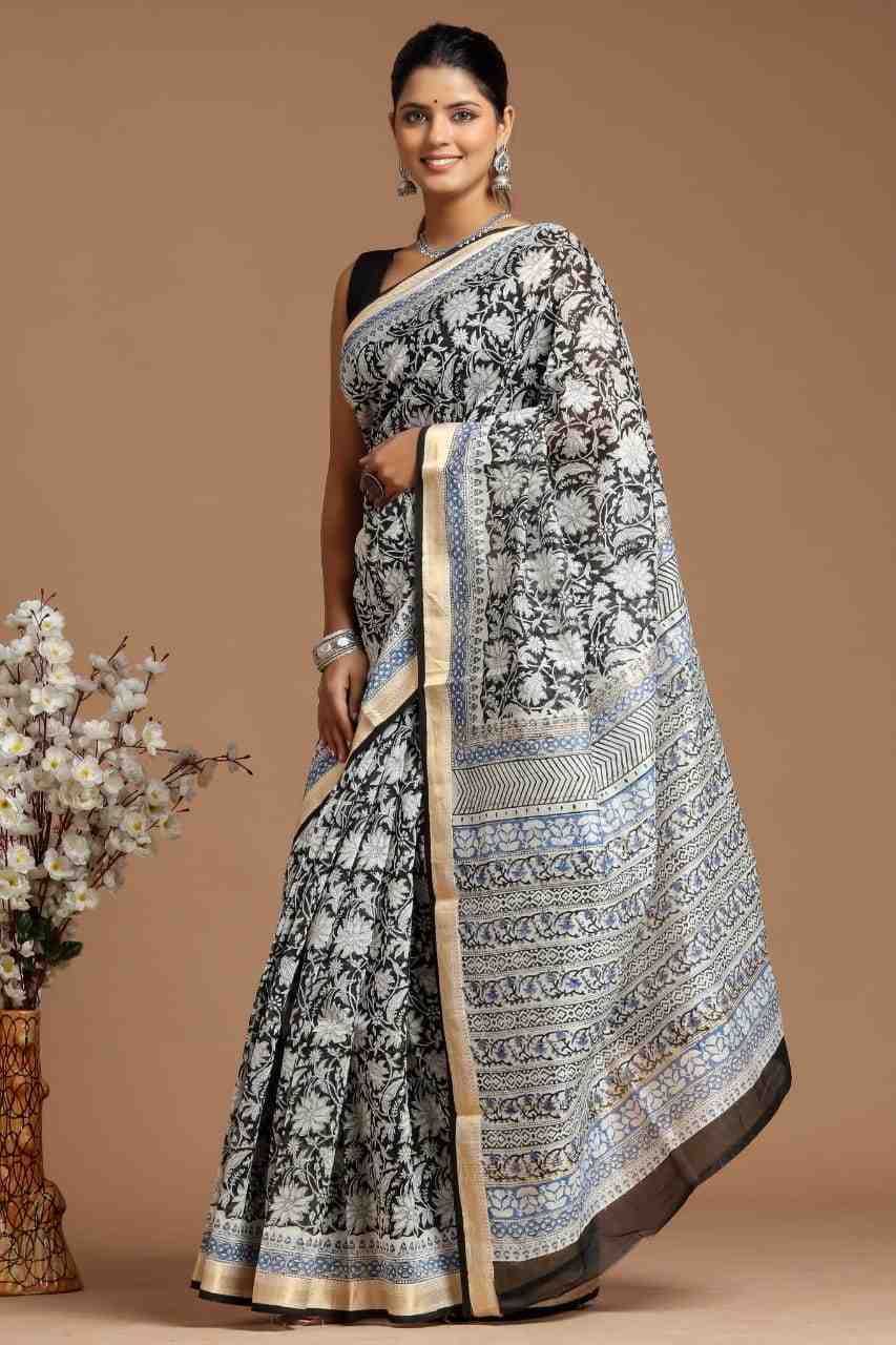 Black Natural Handblock Maheshwari Silk Zari Border Saree With Blouse