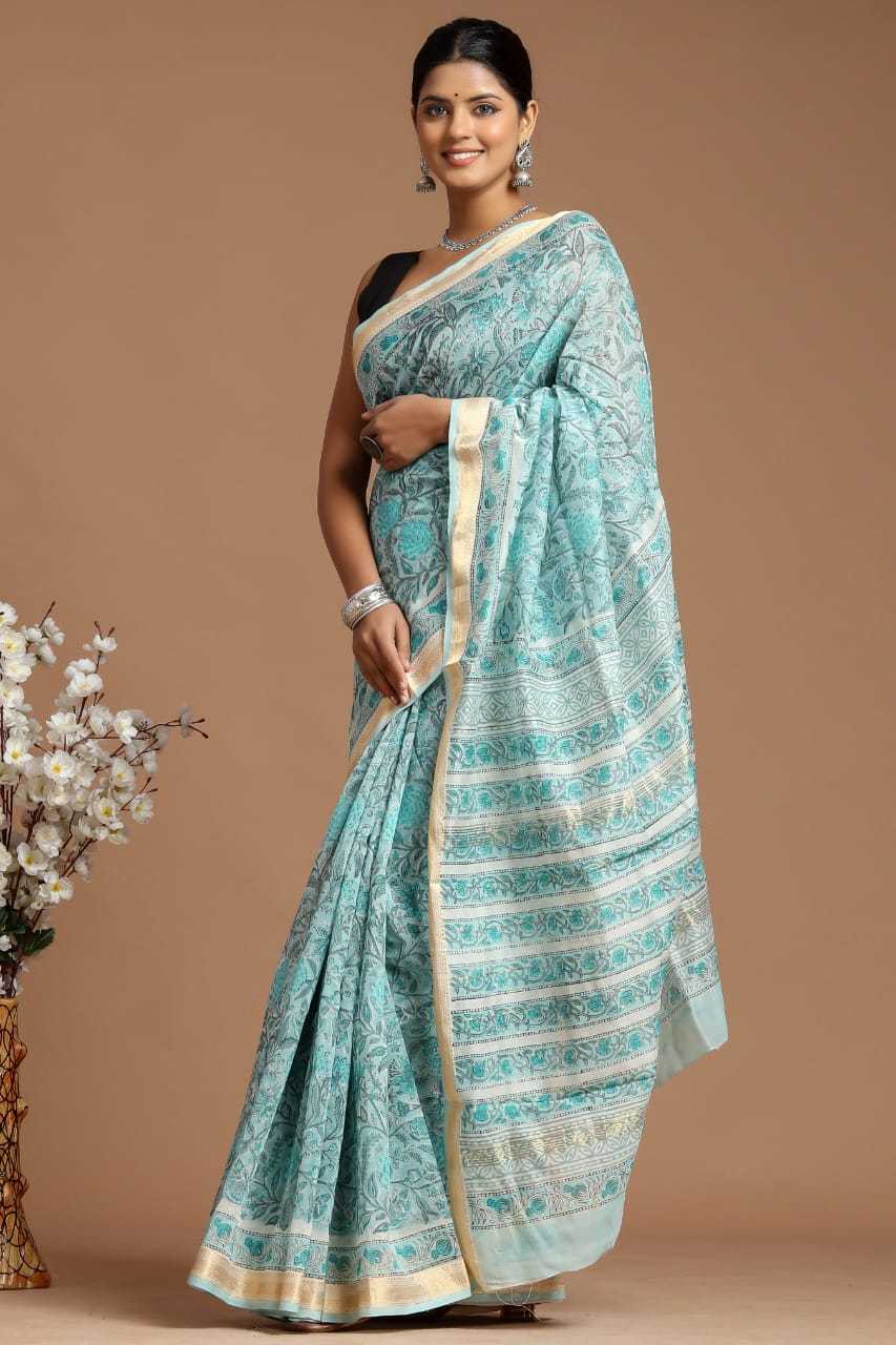 Turquoise Blue Natural Handblock Maheshwari Silk Zari Border Saree With Blouse