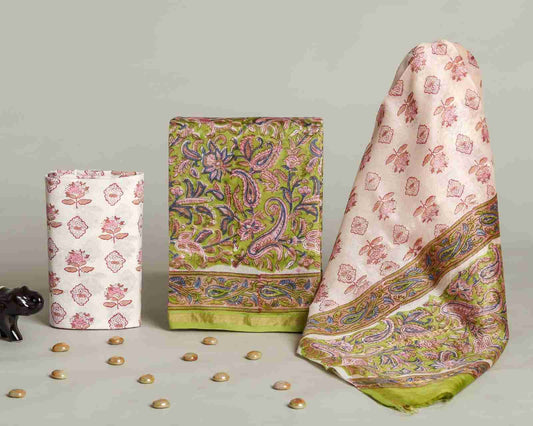 Handblock Floral Green Printed Chanderi Silk Salwar Suit Sets